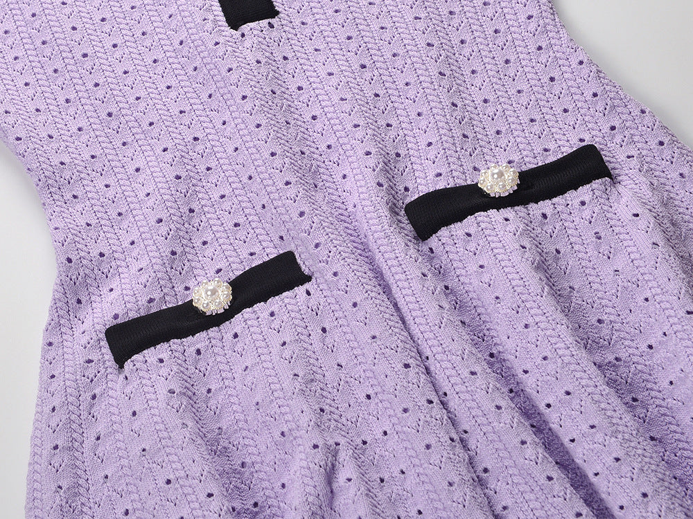 Chic Lilac Pointelle Knit Mini Polo Dress with Pearl Buttons