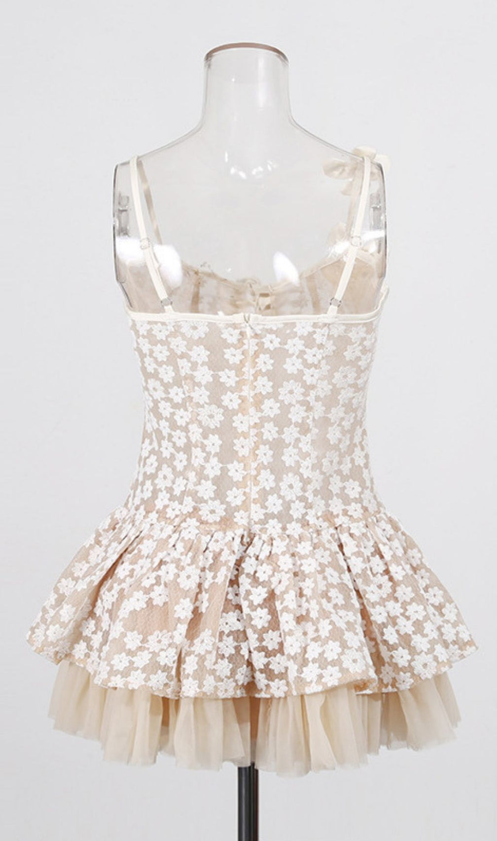Kerstin Whimsical Floral Mesh Mini Dress | Ethereal Lace-Up Babydoll