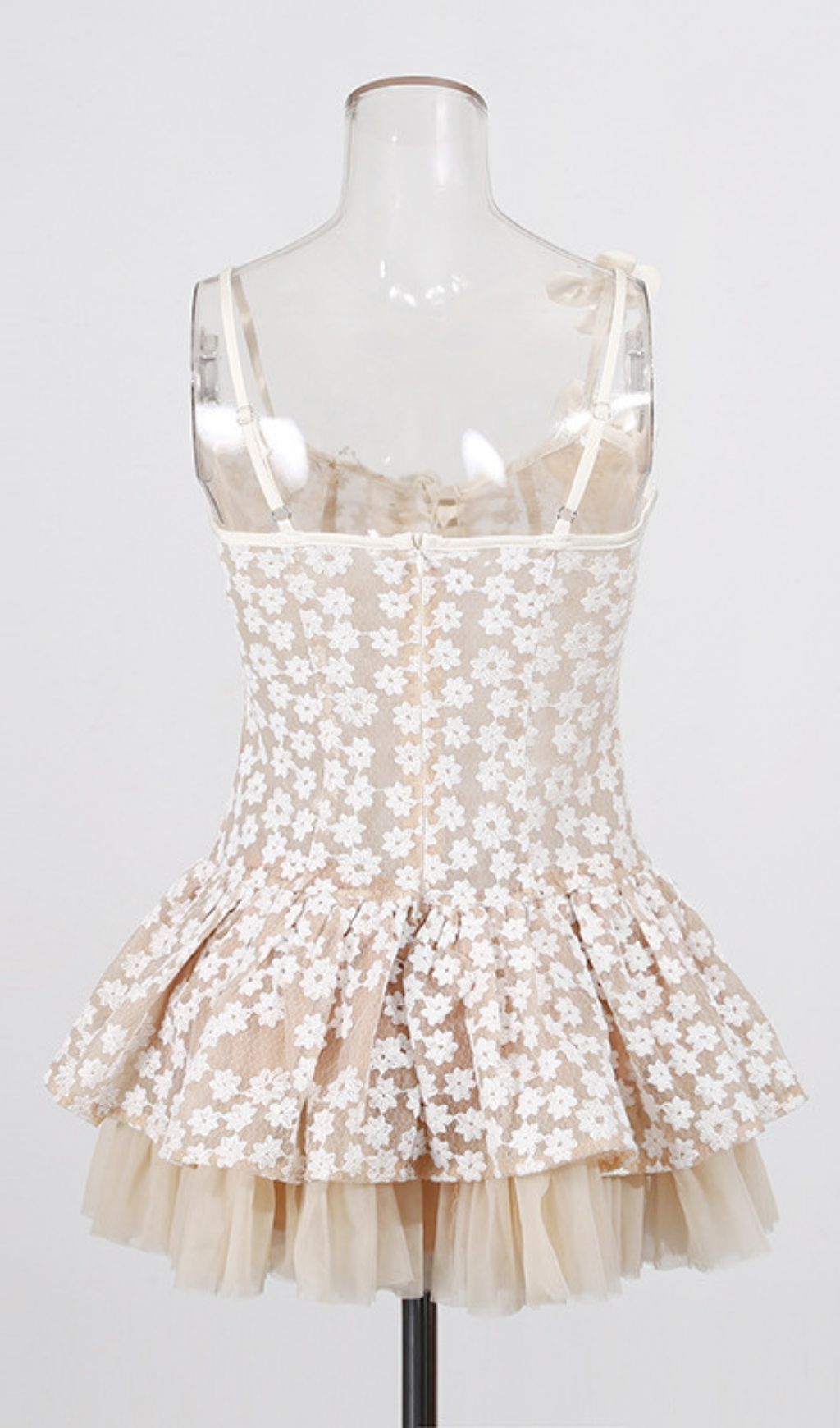 Kerstin Whimsical Floral Mesh Mini Dress | Ethereal Lace-Up Babydoll