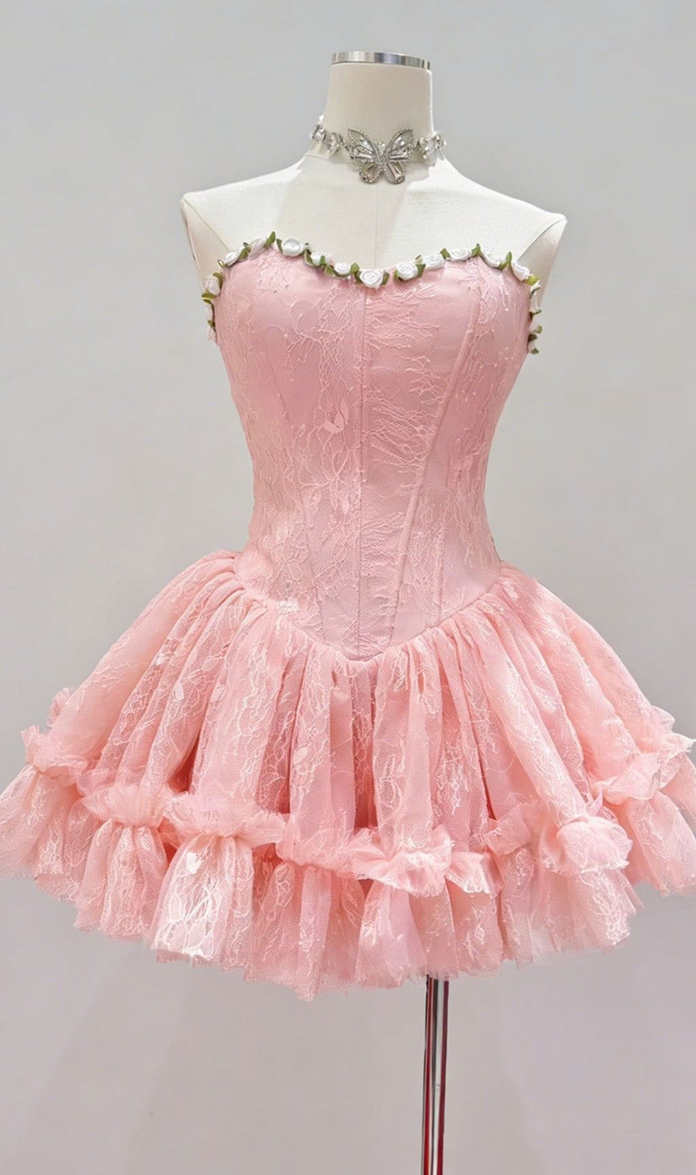 Karmina Pink Strapless Lace Corset Mini Dress - Sculpting & Romantic Fairycore Ruffle Design
