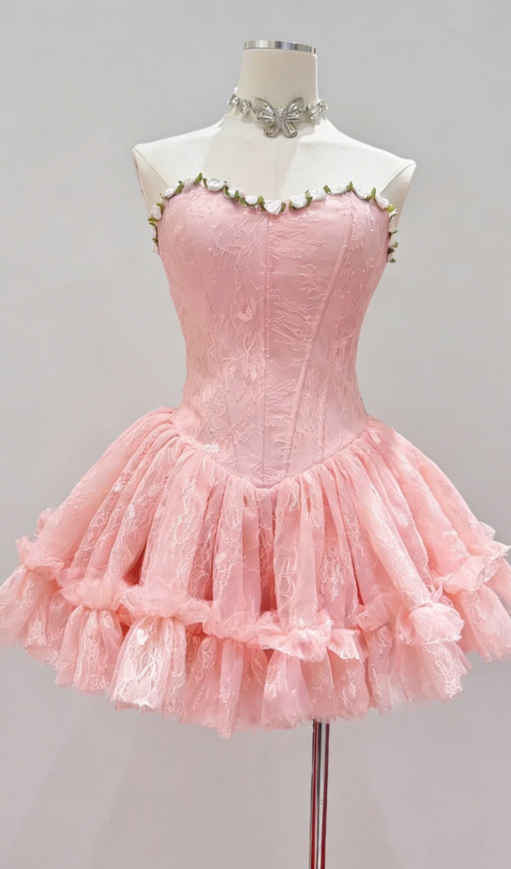 Karmina Pink Strapless Lace Corset Mini Dress - Sculpting & Romantic Fairycore Ruffle Design