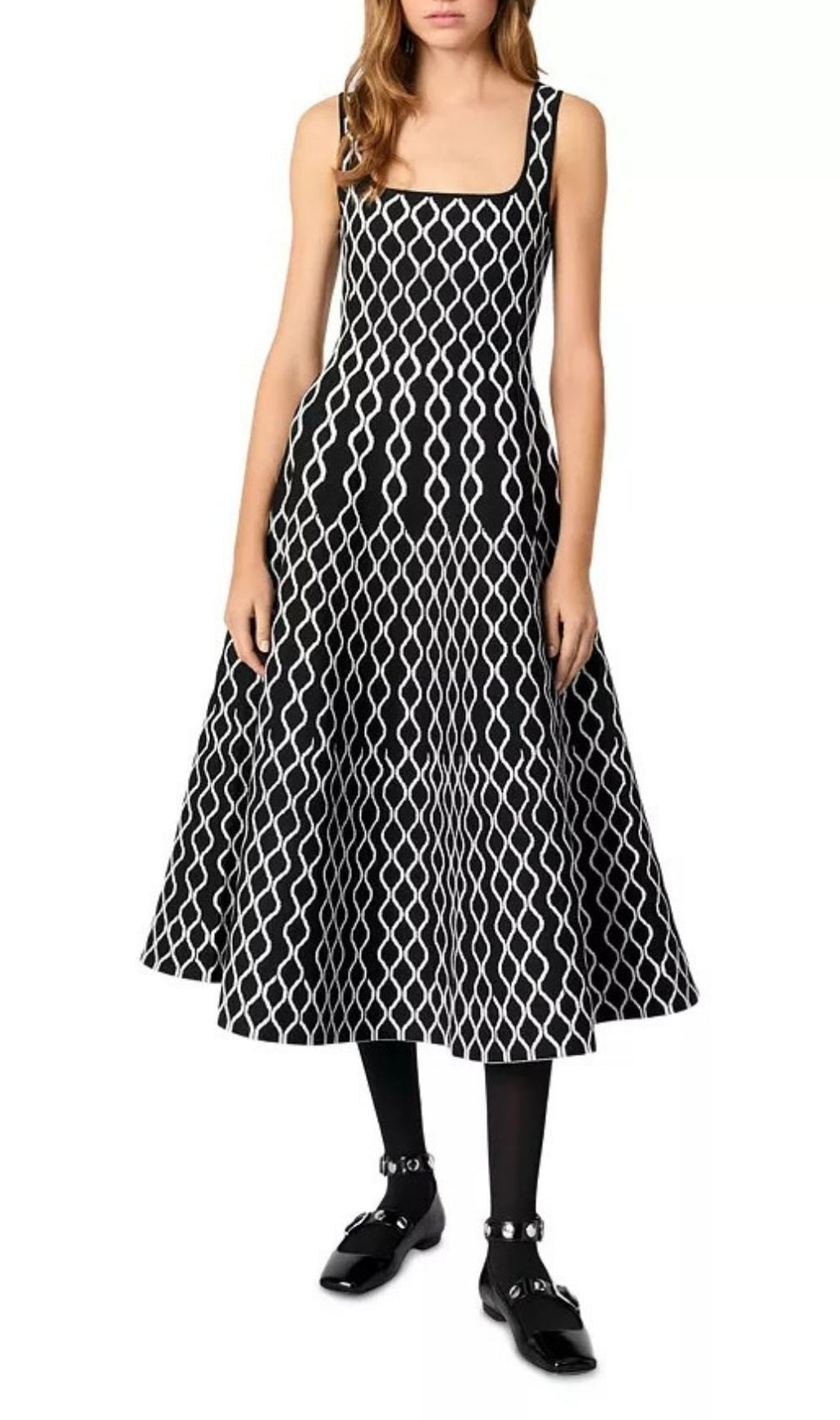 Chic Jacquard Knit Midi Dress | Black & White Square Neck Sleeveless A-Line