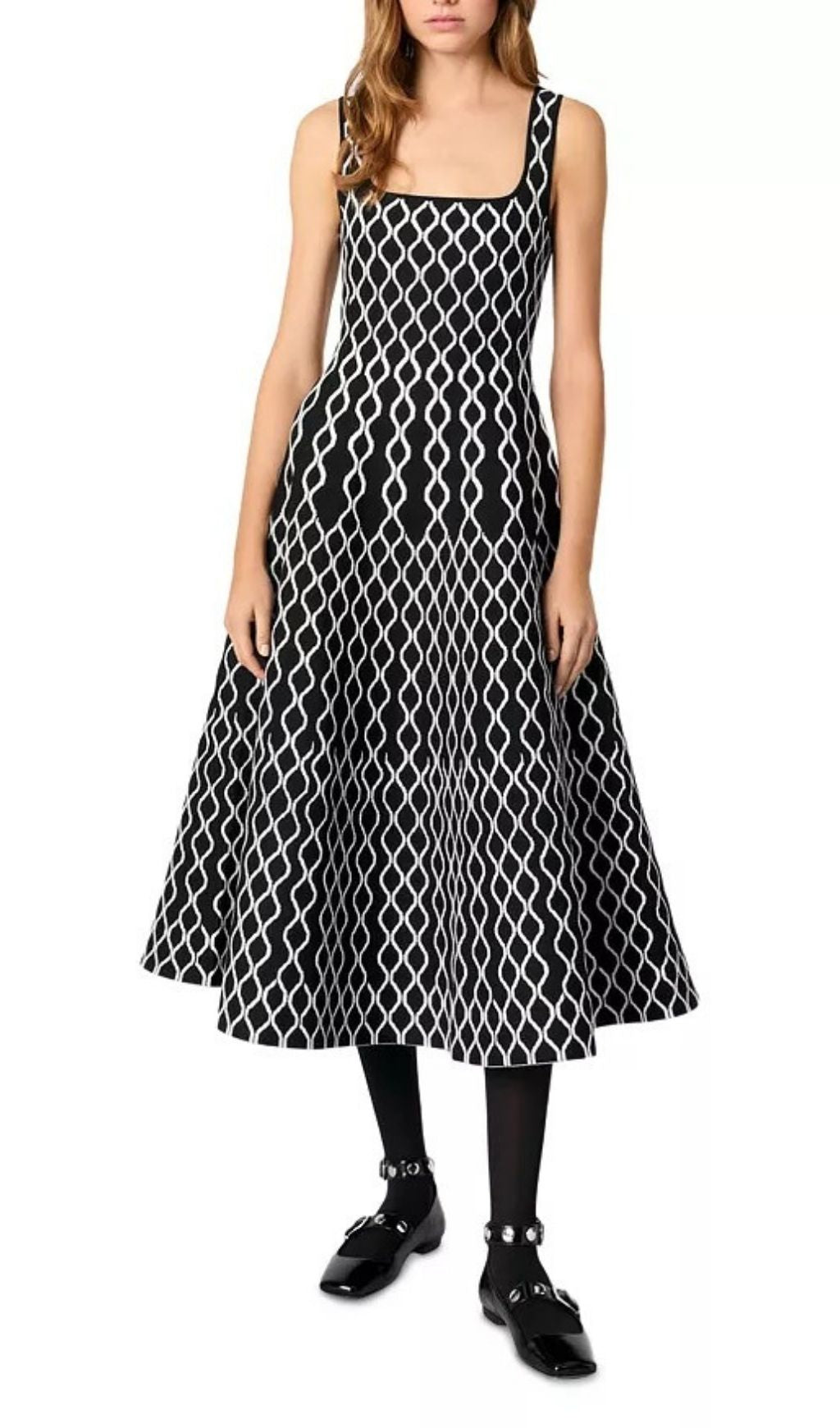 Chic Jacquard Knit Midi Dress | Black & White Square Neck Sleeveless A-Line