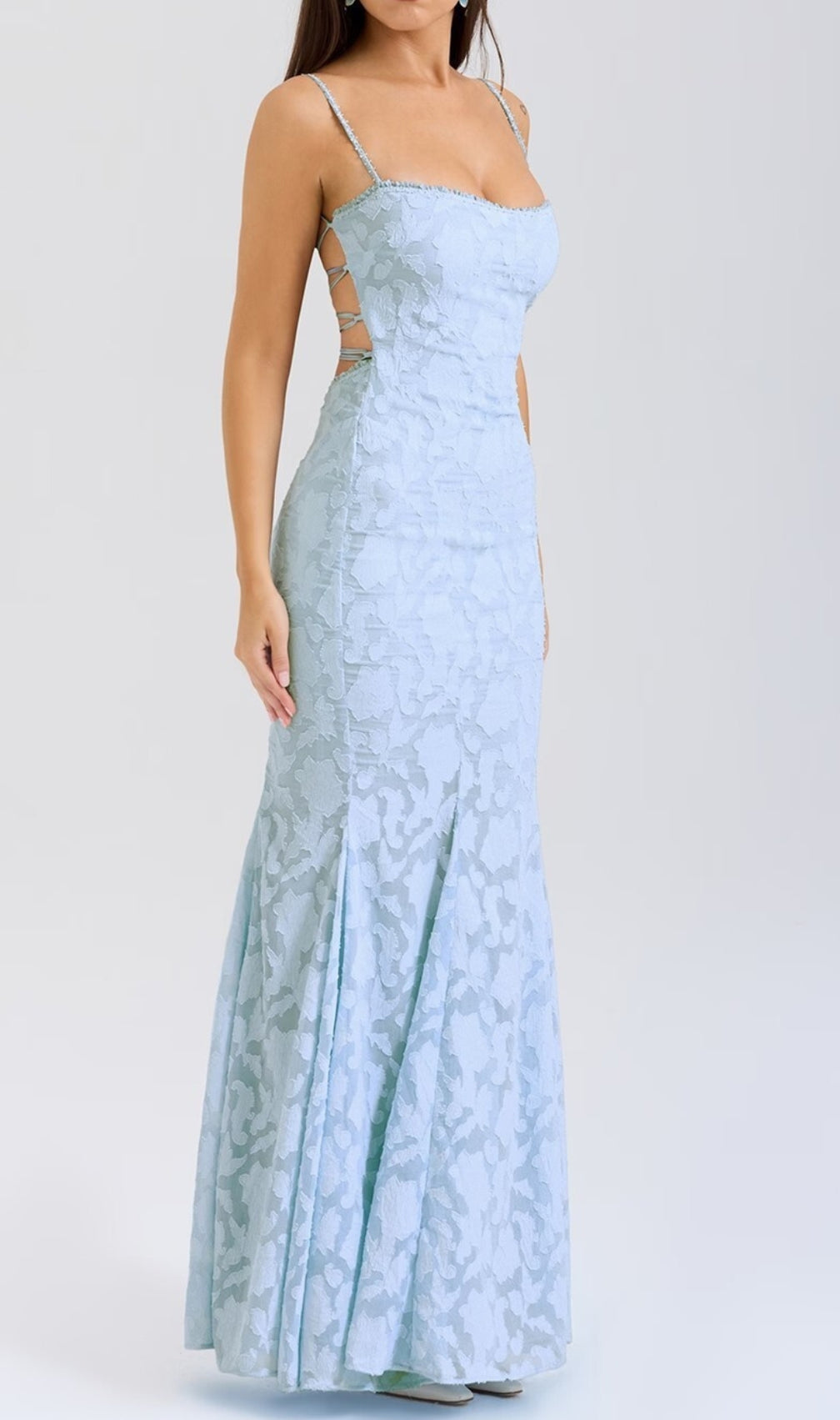 Cili Blue Lace-Up Fishtail Maxi Dress