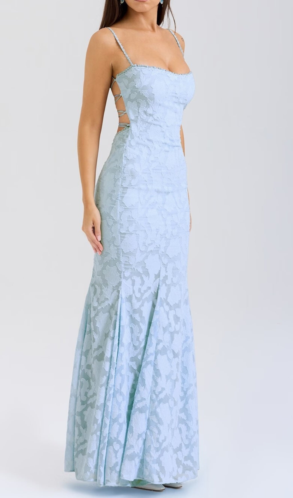 Cili Blue Lace-Up Fishtail Maxi Dress