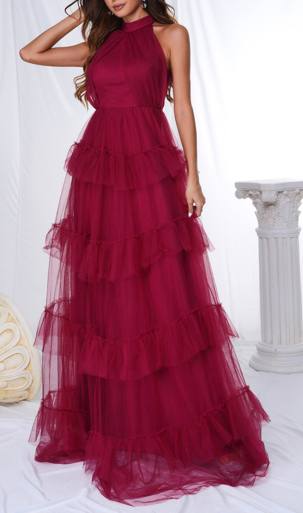 Bozica Red Halter Mesh Maxi Dress