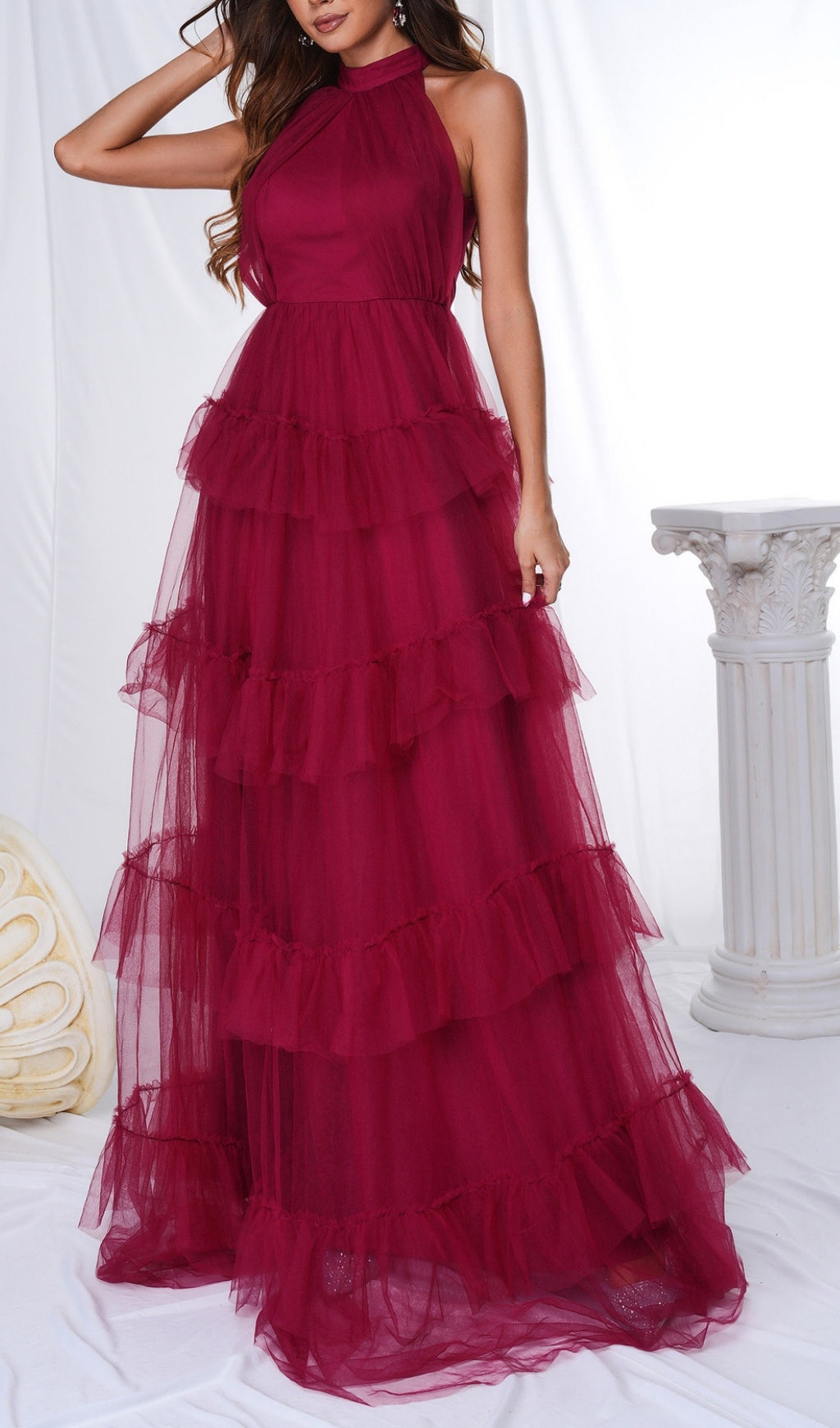 Bozica Red Halter Mesh Maxi Dress