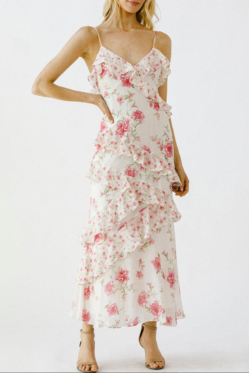 White Floral Print Ruffled Spaghetti Strap Midi Dress