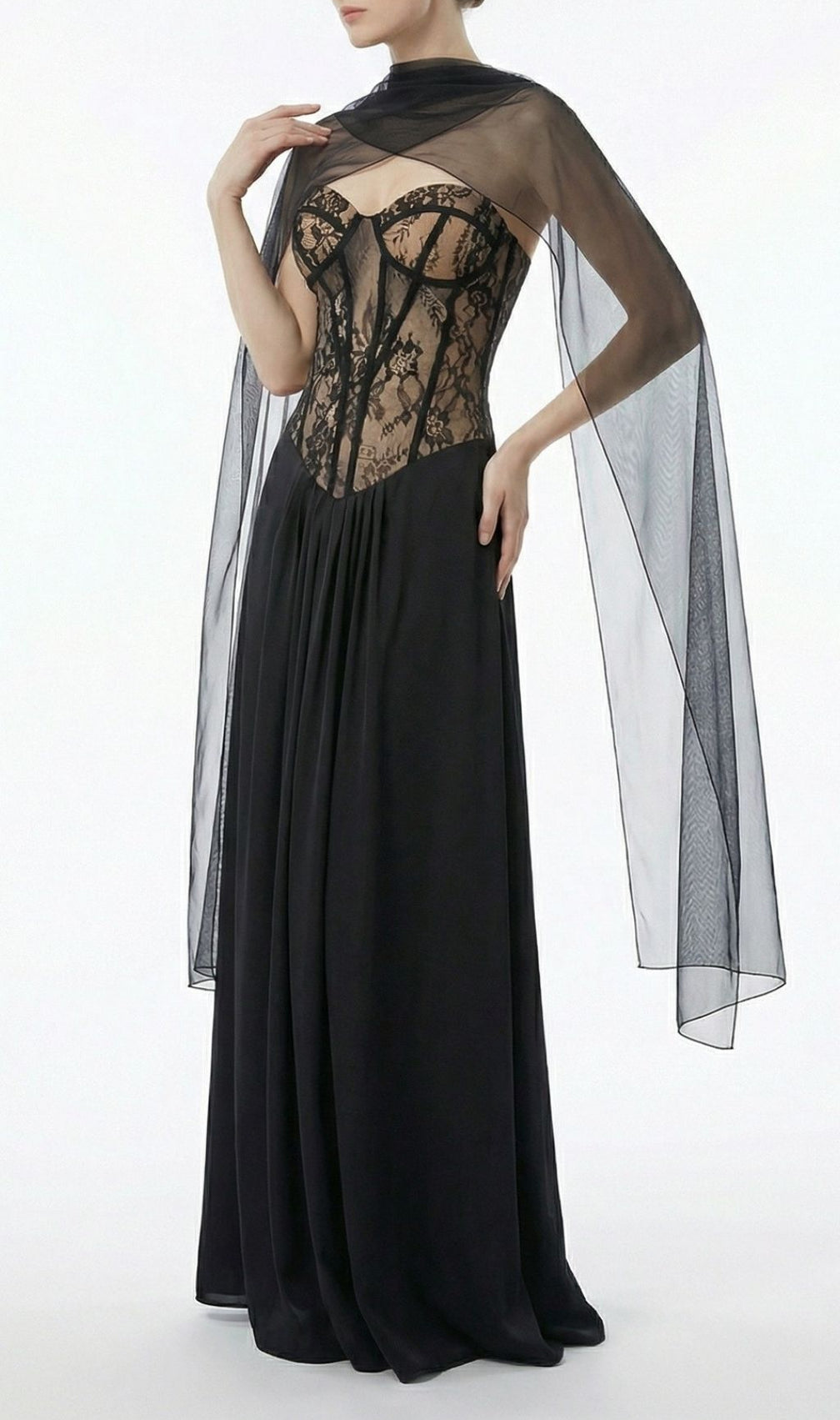 Kalei Black Lace Corset Maxi Dress with Sheer Cape Overlay | Elegant Evening Gown