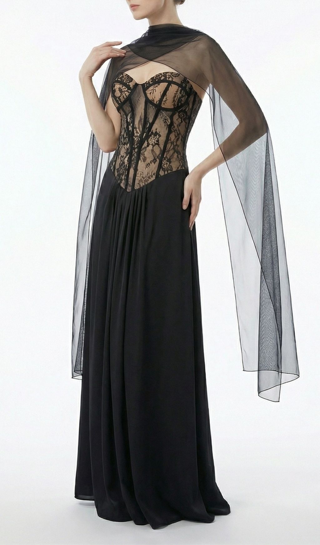 Kalei Black Lace Corset Maxi Dress with Sheer Cape Overlay | Elegant Evening Gown
