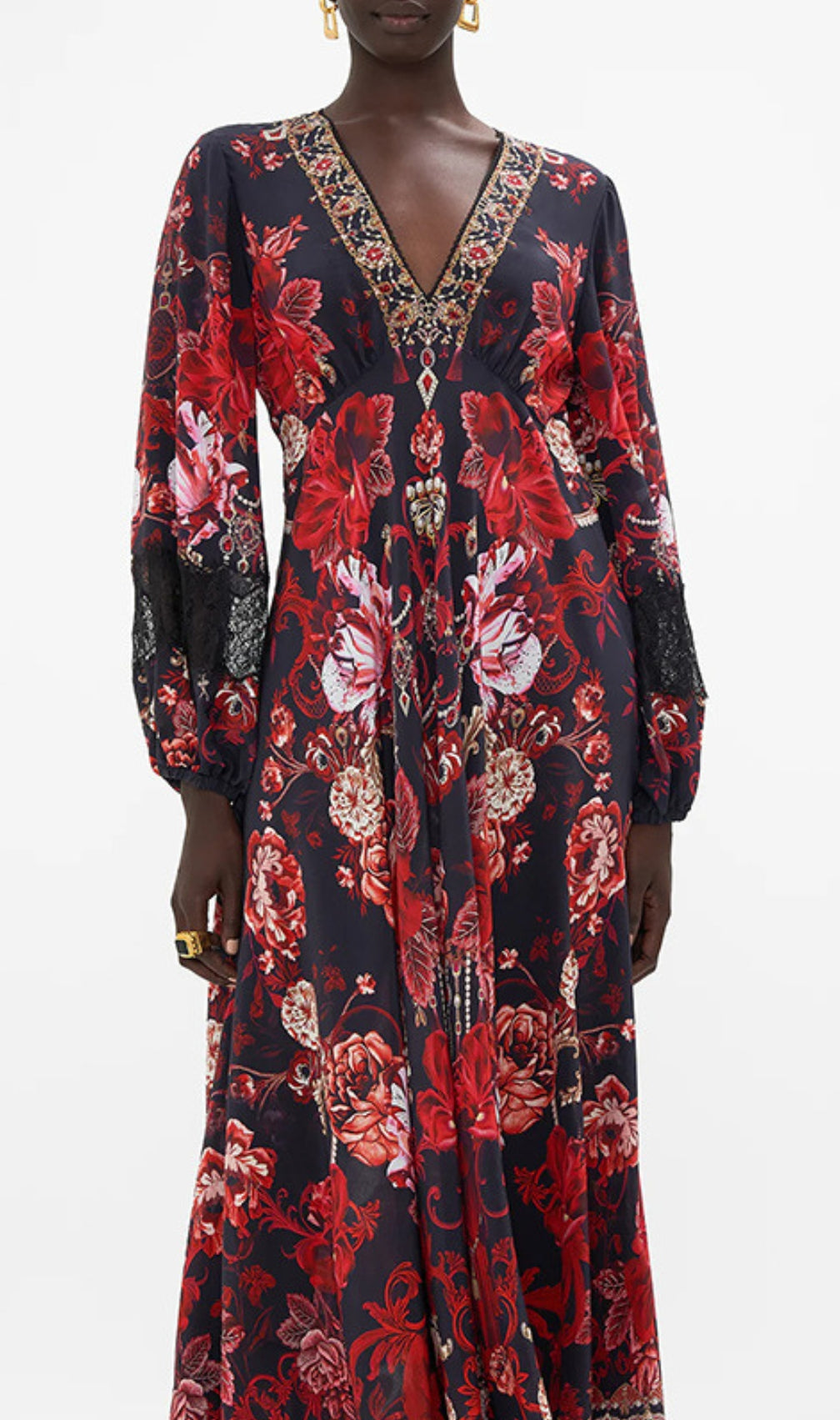 Davood V-Neck Floral Printed Midi Dress