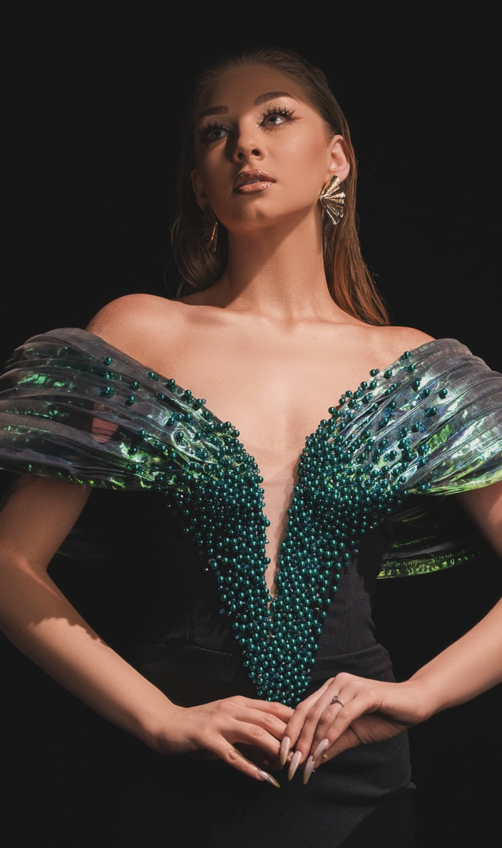 Green Black Bardot Embellished Maxi Dress