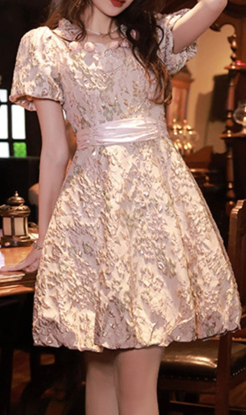 Puff Sleeve Cutwork Mini Dress In Pink