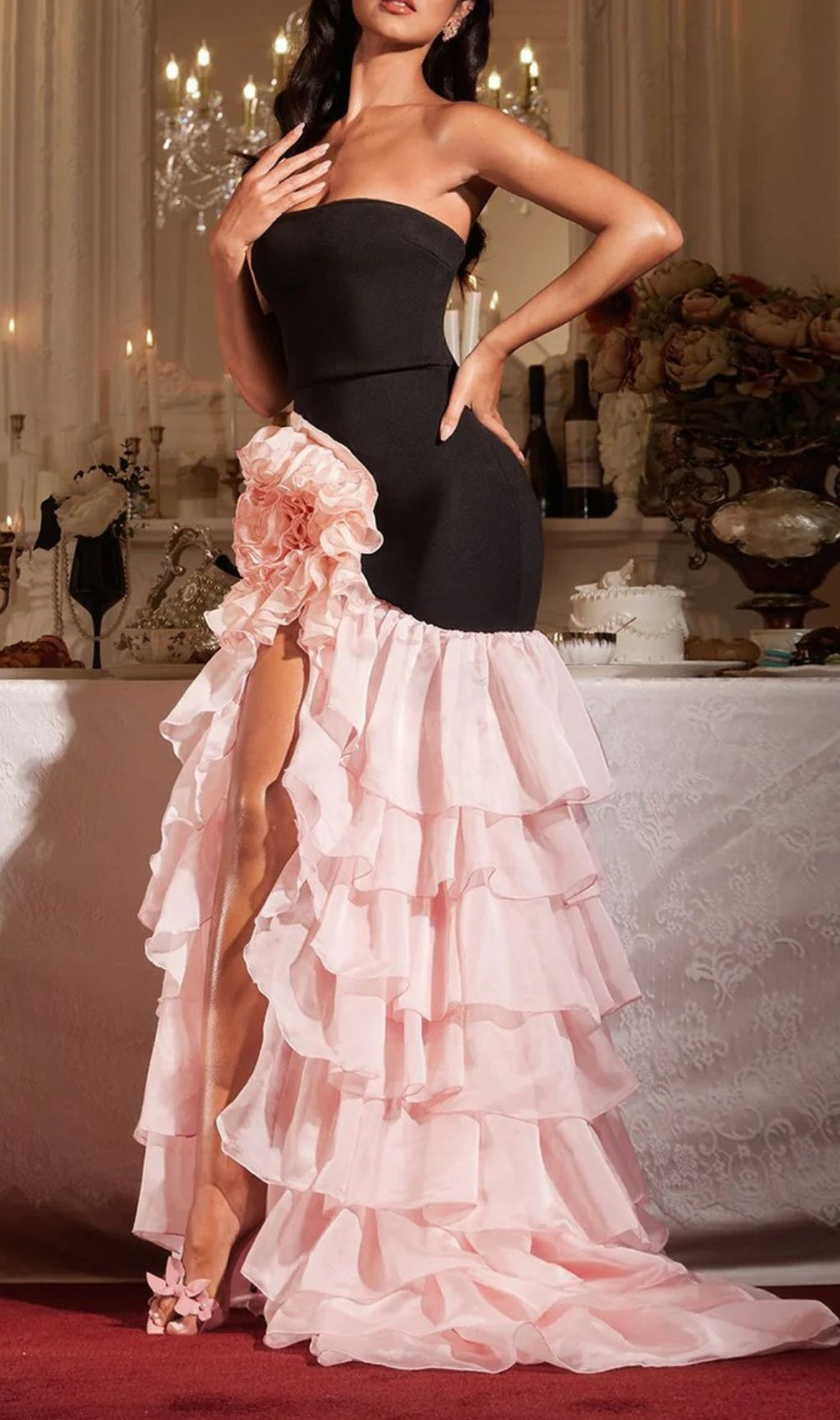 Showstopping Filib Strapless Flower Ruffle Tiered Maxi Gown with High Slit