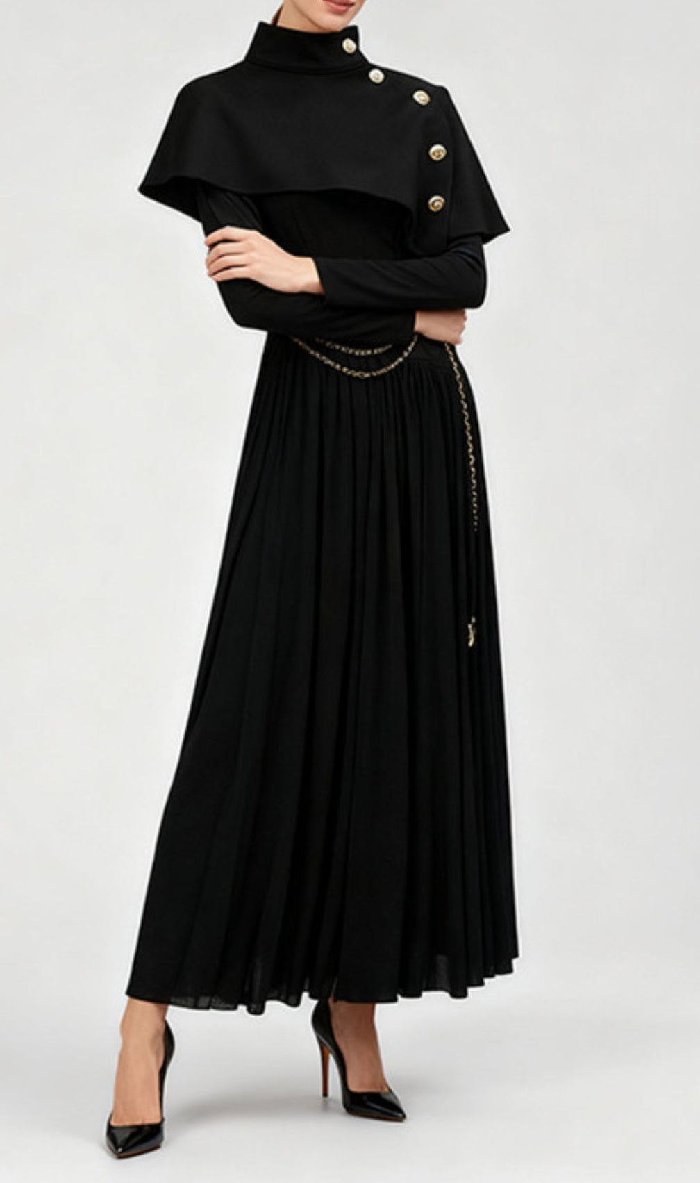 Jairo Black Asymmetrical Capelet Midi Dress - Elegant Long Sleeve Style