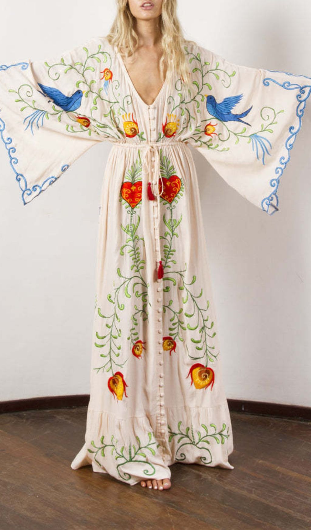 Gita Flower Embroidery Long Sleeve Maxi Dress