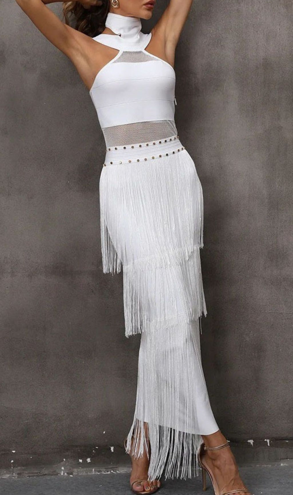 Glamorous White Halterneck Bandage Fringe Midi Dress - Mesh Detail Party Bodycon