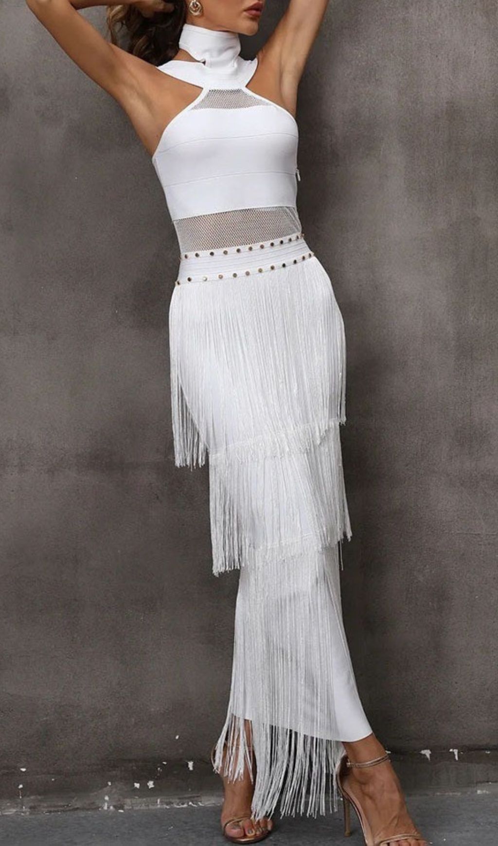 Glamorous White Halterneck Bandage Fringe Midi Dress - Mesh Detail Party Bodycon