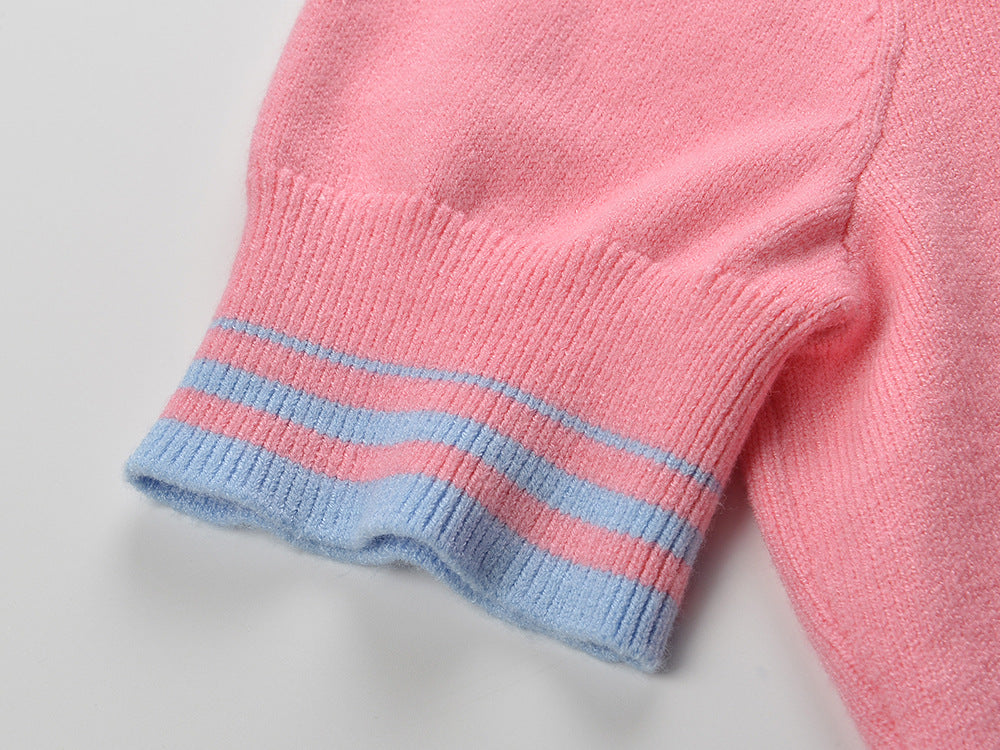 Chic Pink & Blue Stripe Mock Neck Ribbed Knit Top | Women's Short Sleeve