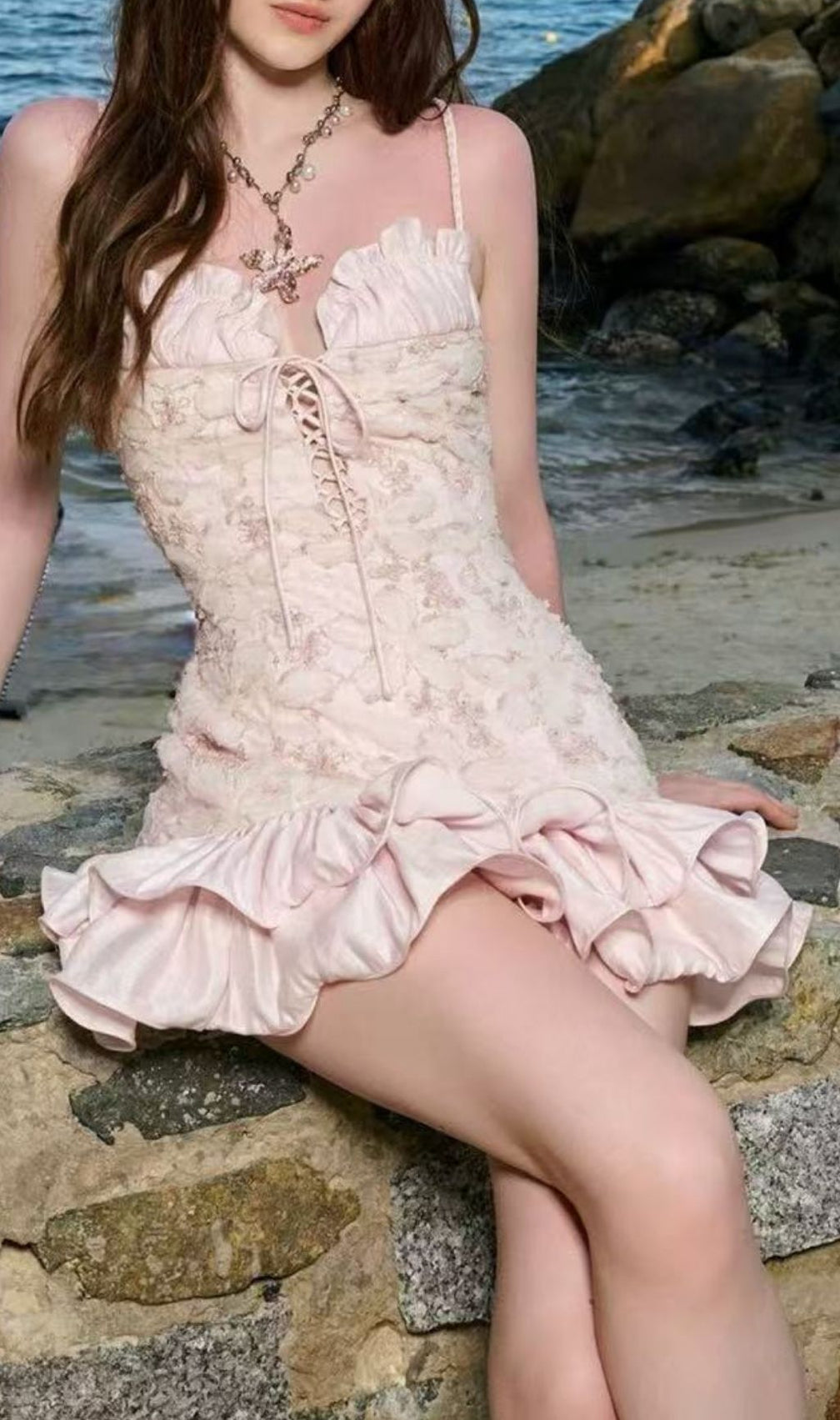 Kåre Dazzling Pink Sequin Floral Mini Dress - Ruffled & Lace-Up Party Style