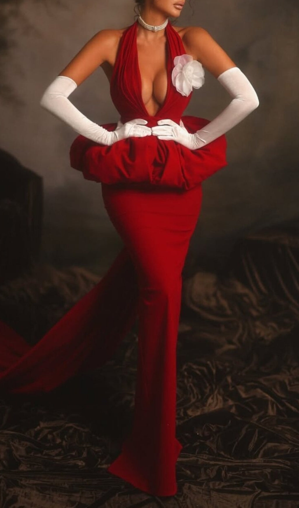 Clor Red Halter Flower Bandage Maxi Dress