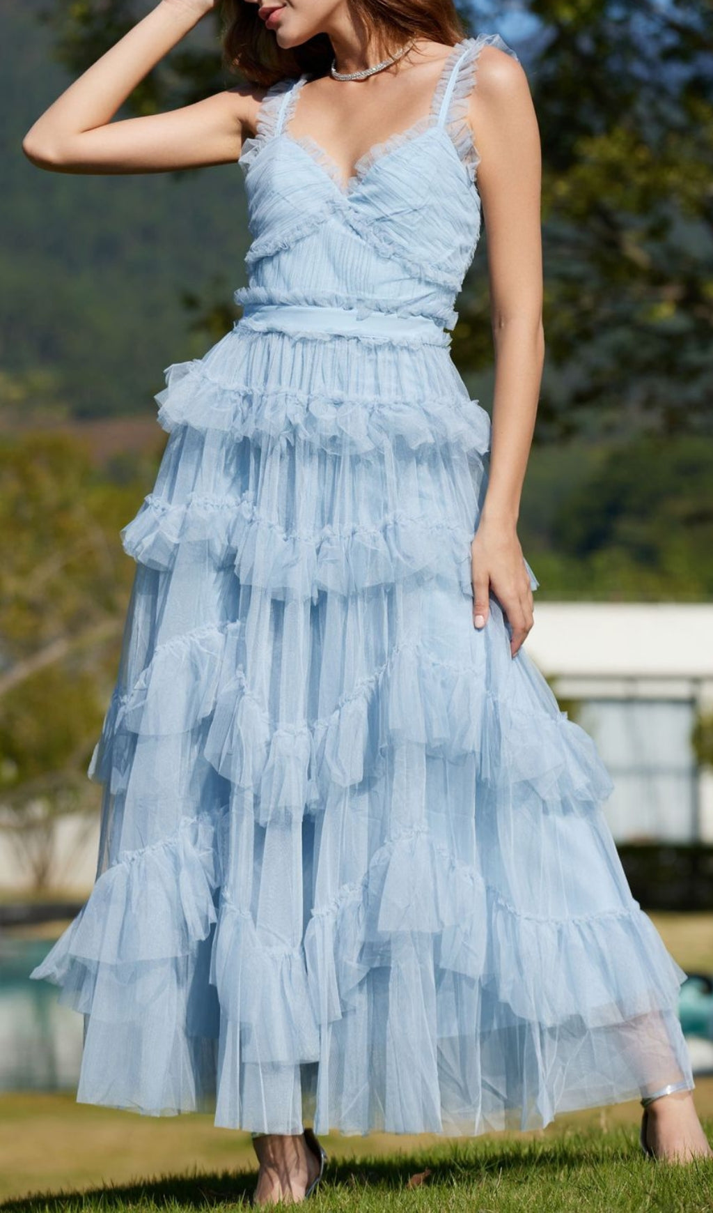 Blue Ruffle V Neck Sleeveless Tiered Tulle Maxi Dress