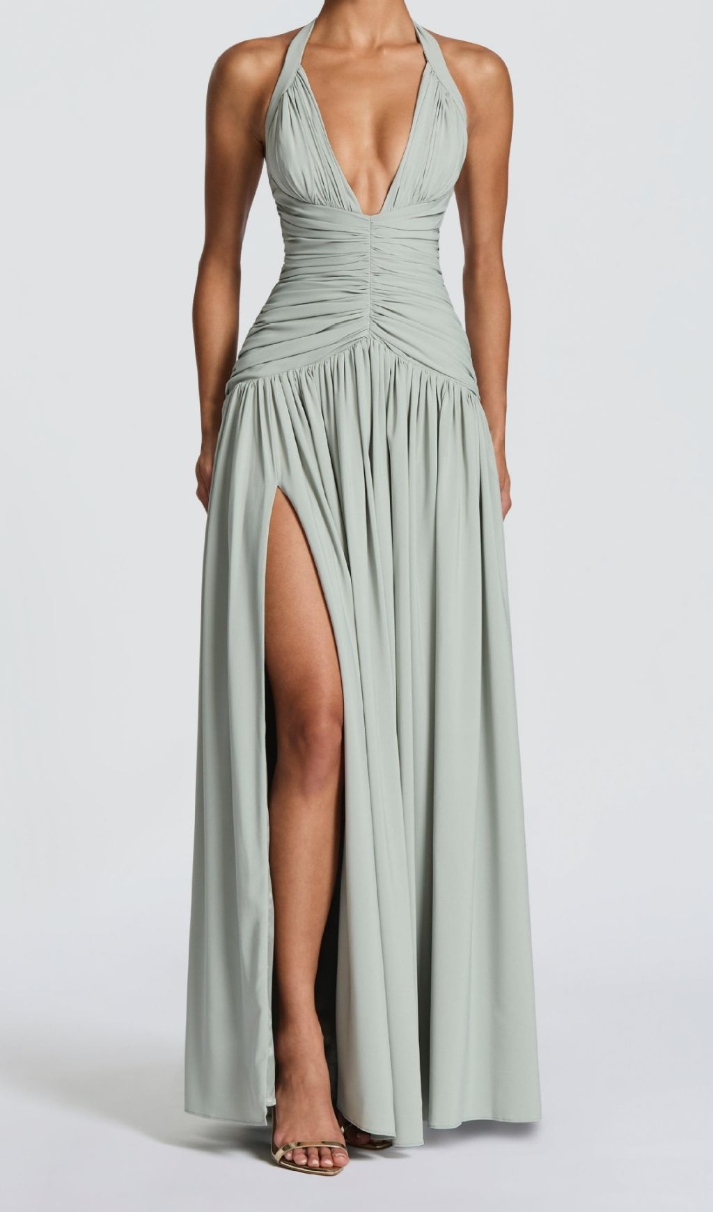 Kelley Celadon Halter Maxi Dress - Elegant Ruched Gown with High Slit
