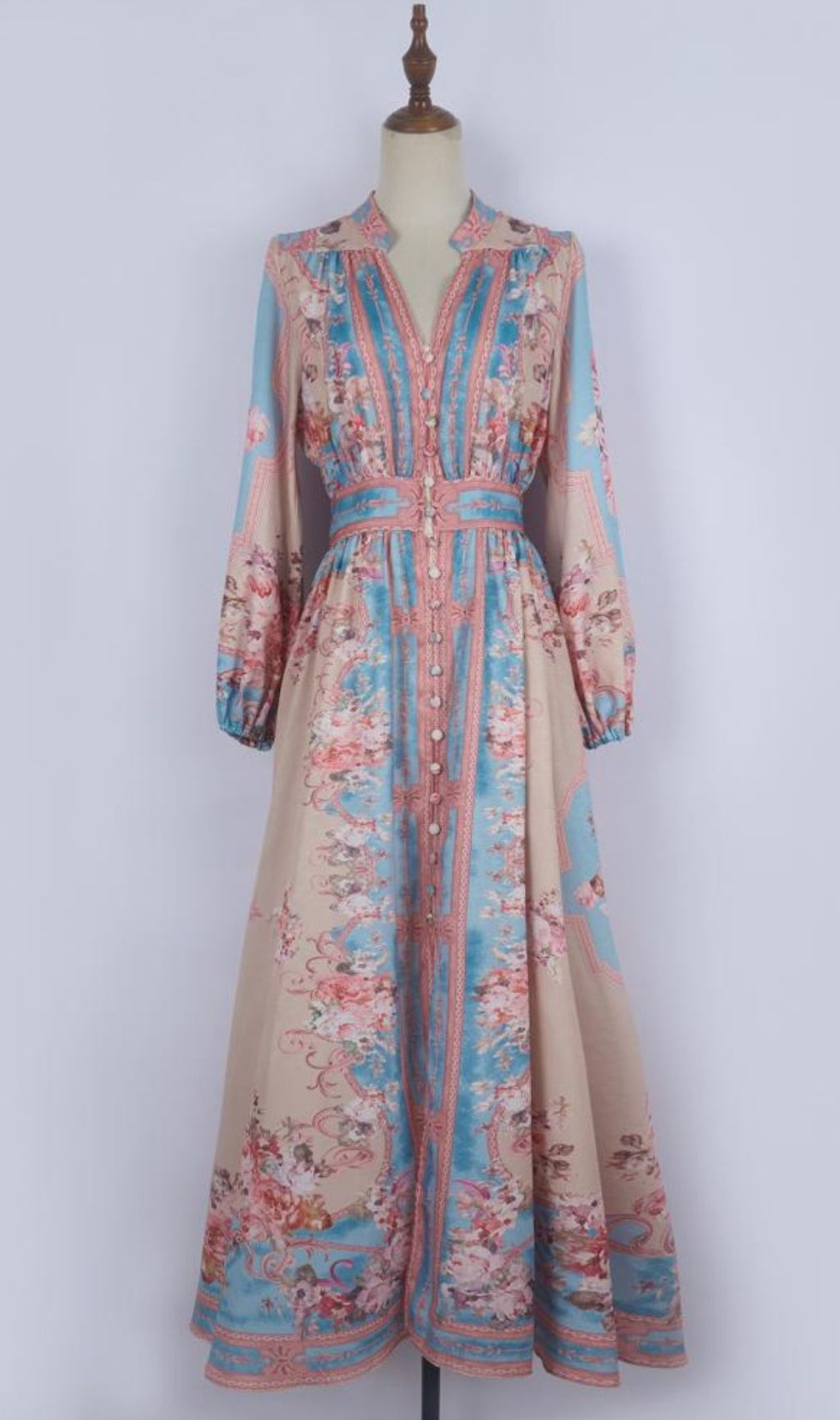 Kamillia Romantic Blue & Pink Floral Long Sleeve Maxi Dress | Garden Elegance