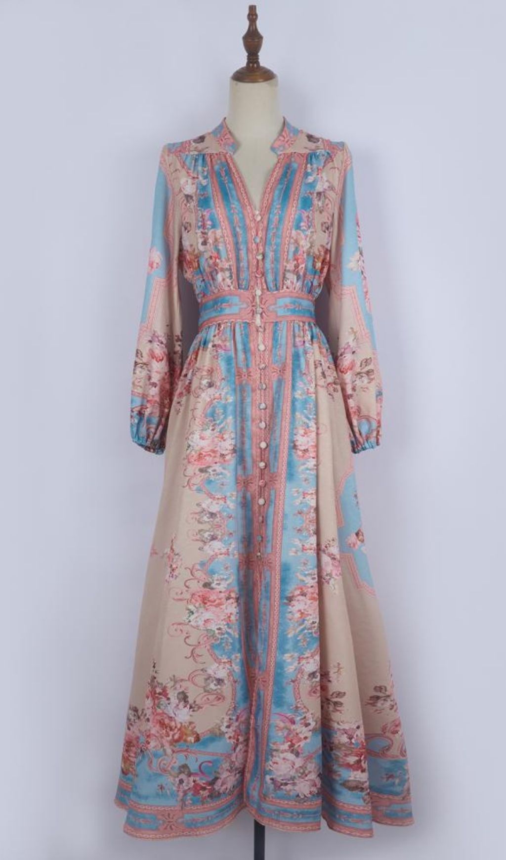 Kamillia Romantic Blue & Pink Floral Long Sleeve Maxi Dress | Garden Elegance