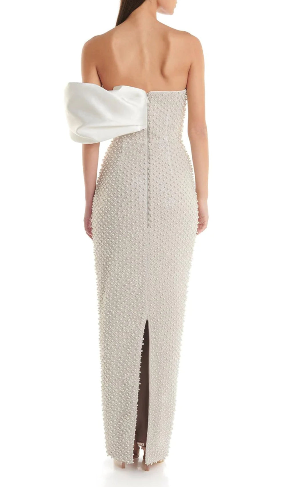 Adwen White Draped Bardot Pearl Maxi Dress