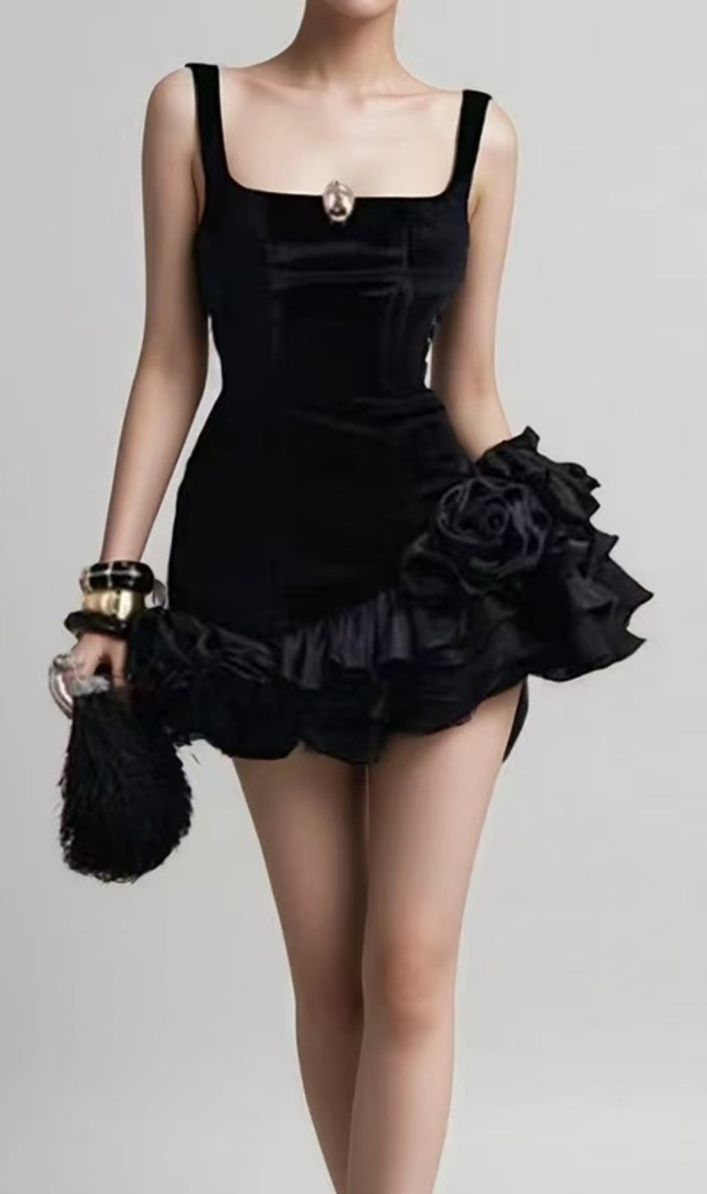 Fern Black Strappy Flower Mini Dress