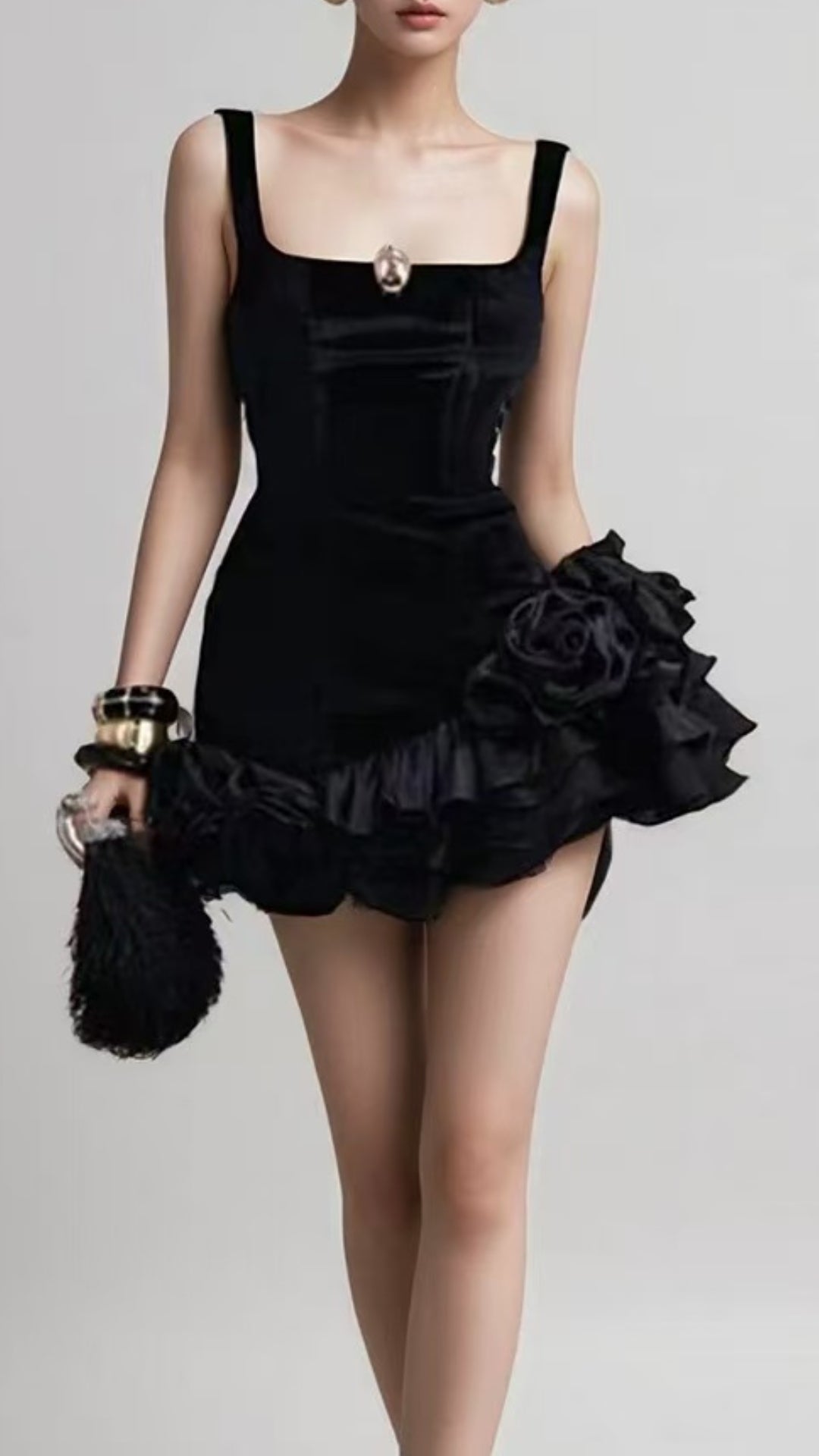 Fern Black Strappy Flower Mini Dress