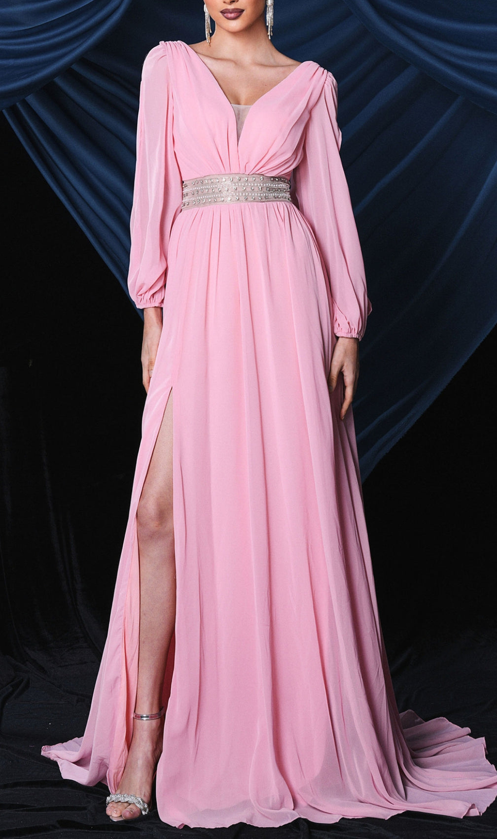 Boheme Pink Long Sleeve Pearl Maxi Dress