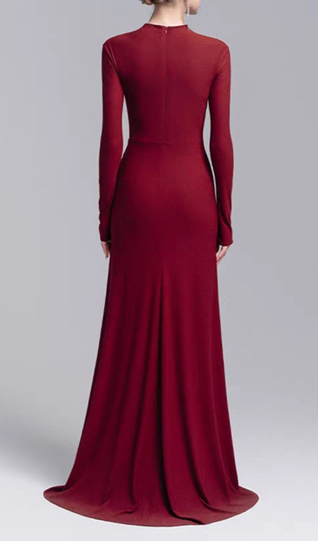 Elegant Merlot Ruched Long Sleeve Maxi Dress with Crystal Flower Embellishment