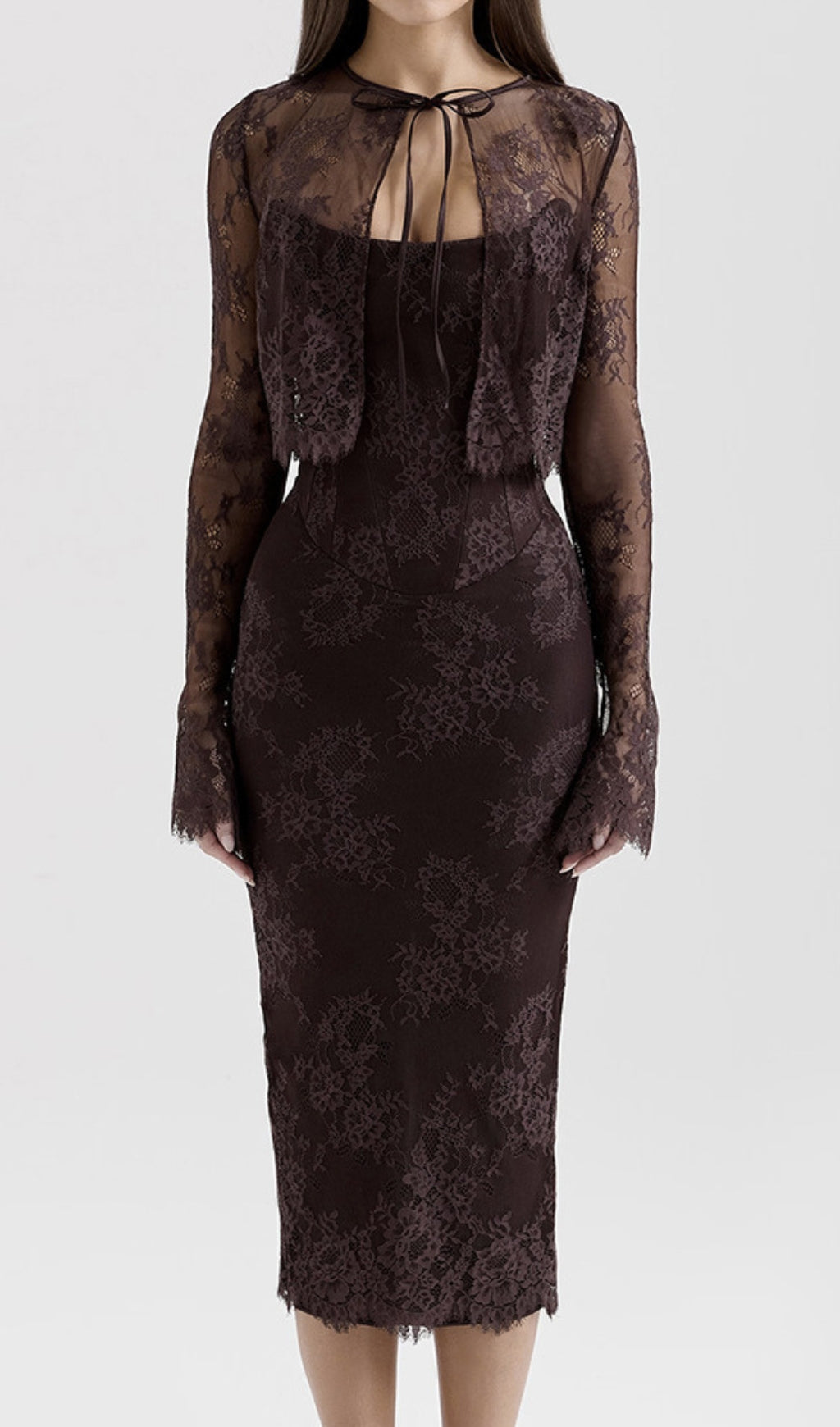 Deza Chocolate Lace Corset Midi Dress & Shawl