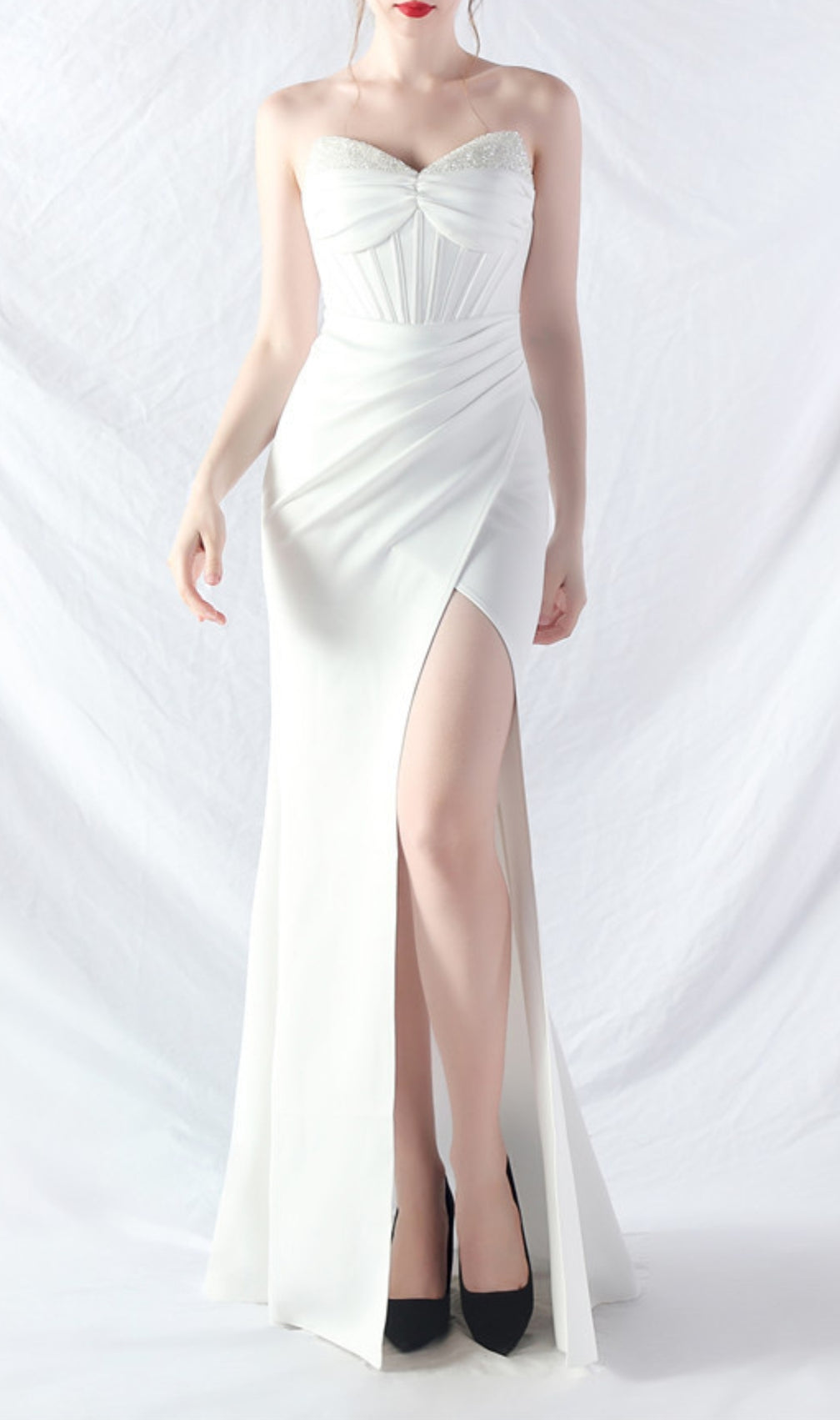 Chizue White Strapless Corset Split Maxi Dress