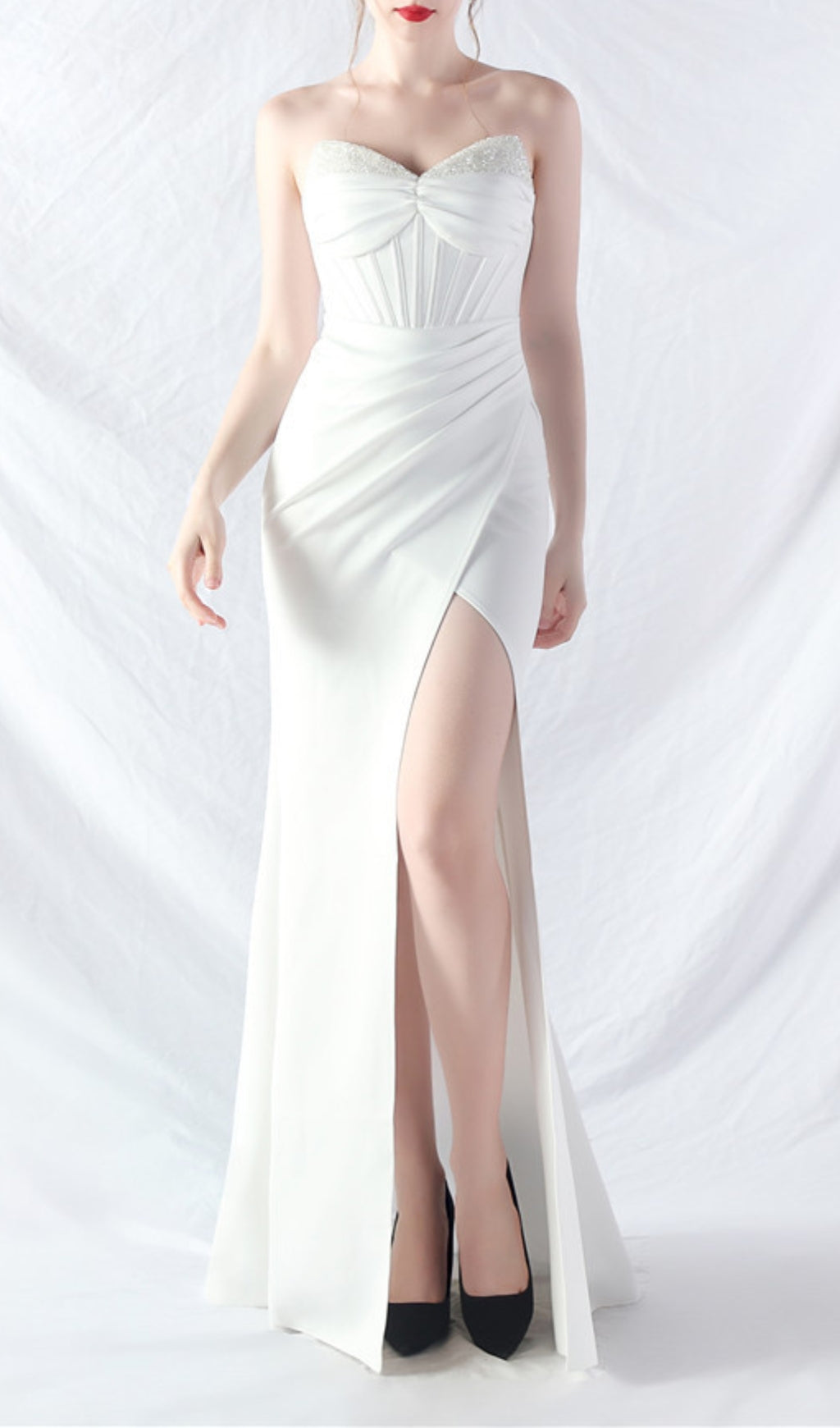 Chizue White Strapless Corset Split Maxi Dress