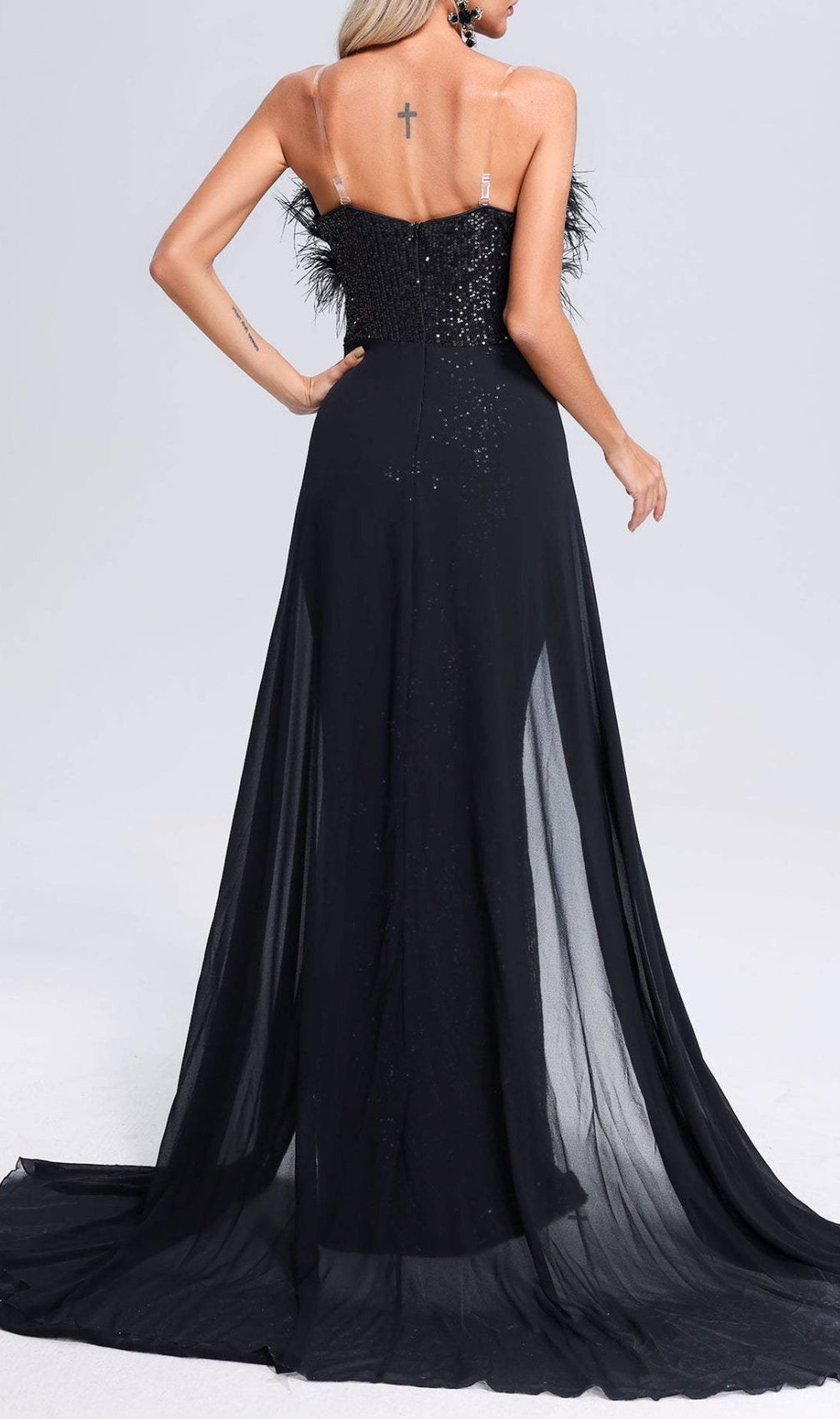 Adams Black Feather Sequin Maxi Dress