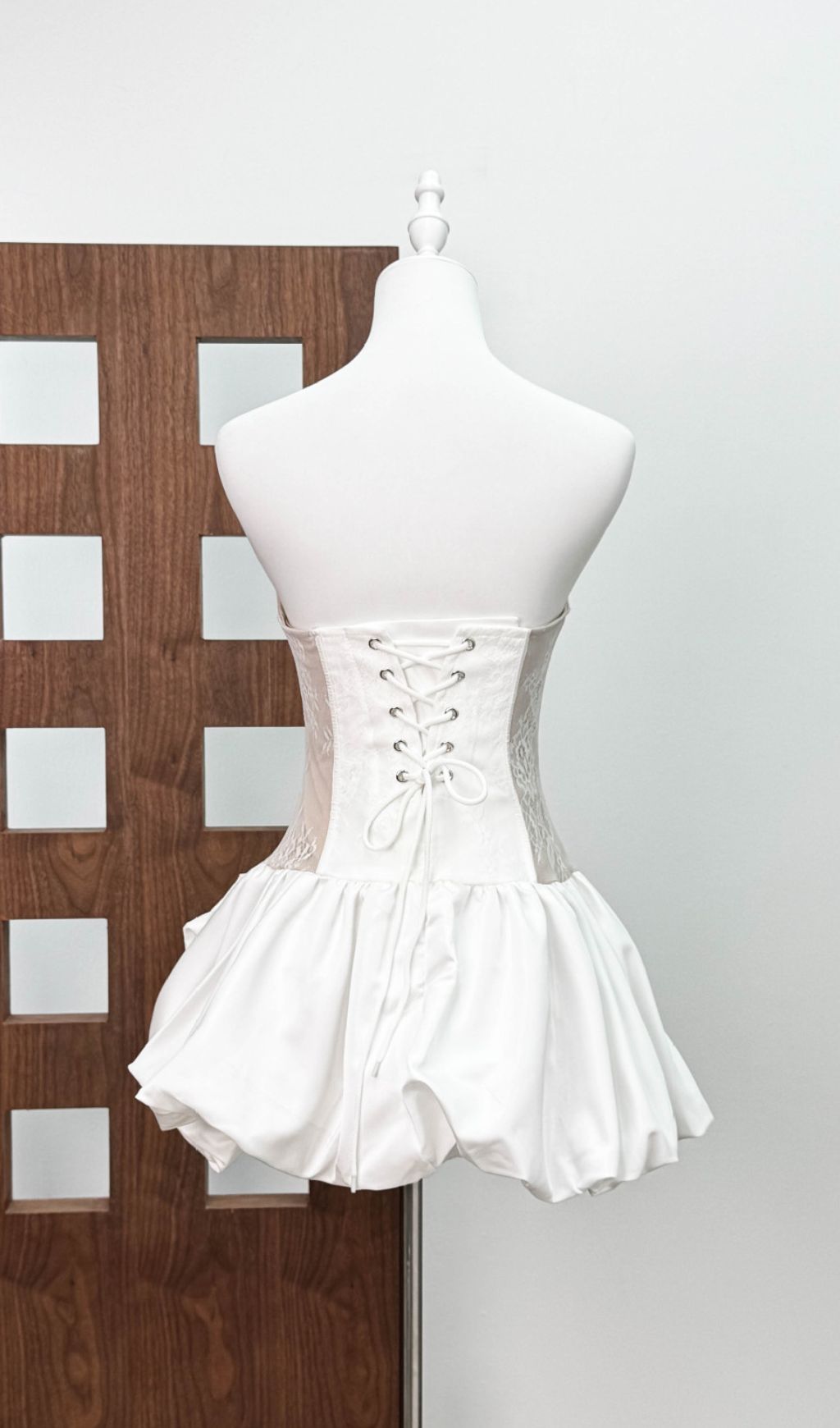 Irene White Strapless Corset Mini Dress with Floral Bubble Skirt | Bridal & Party Perfect