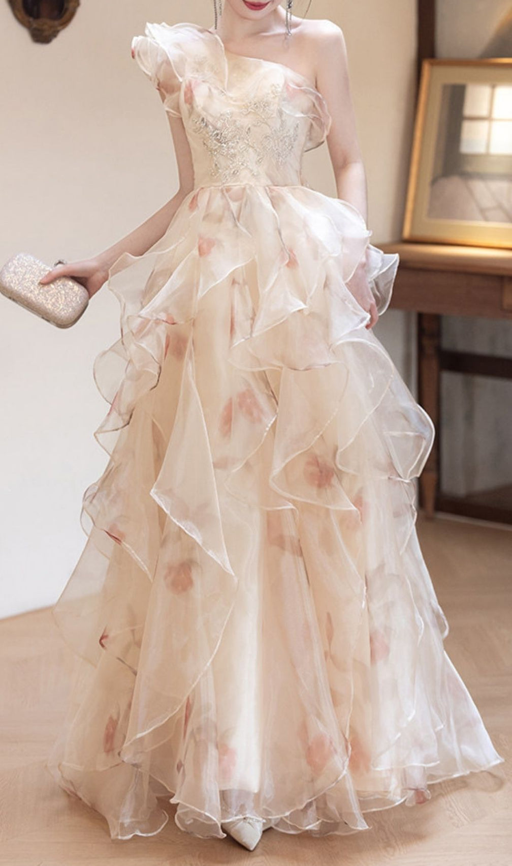 Keelty Opulent One-Shoulder Ruffle Maxi Gown - Enchanting Floral Elegance