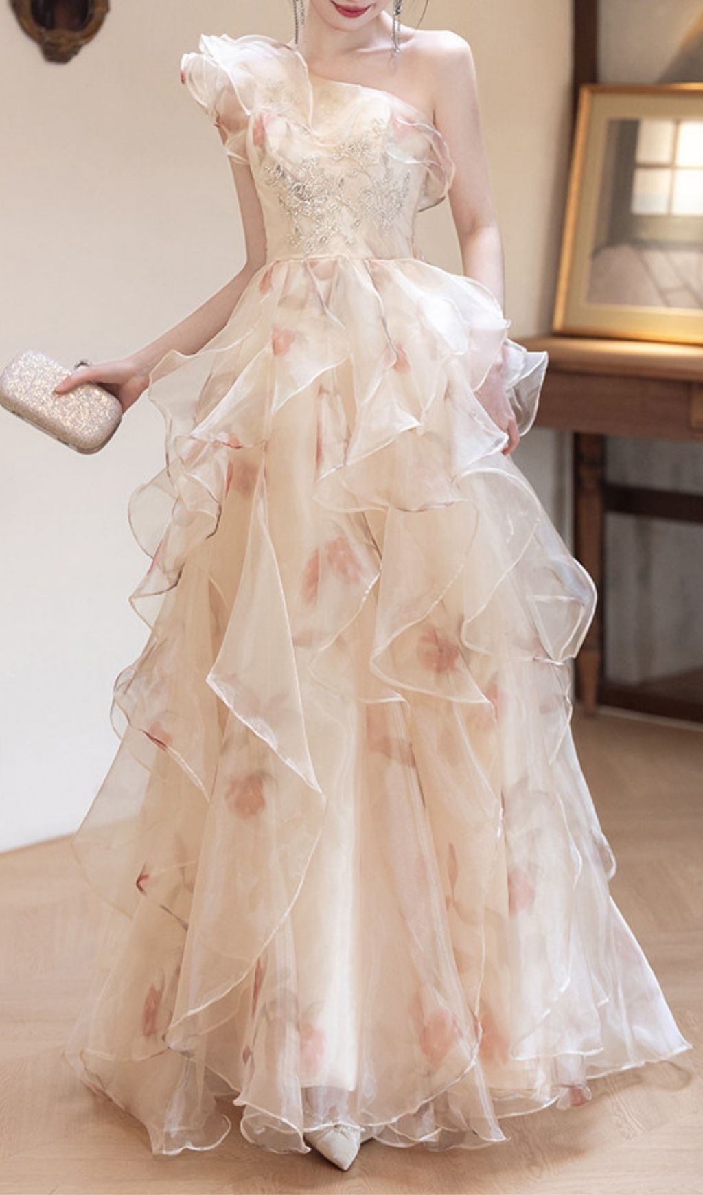 Keelty Opulent One-Shoulder Ruffle Maxi Gown - Enchanting Floral Elegance