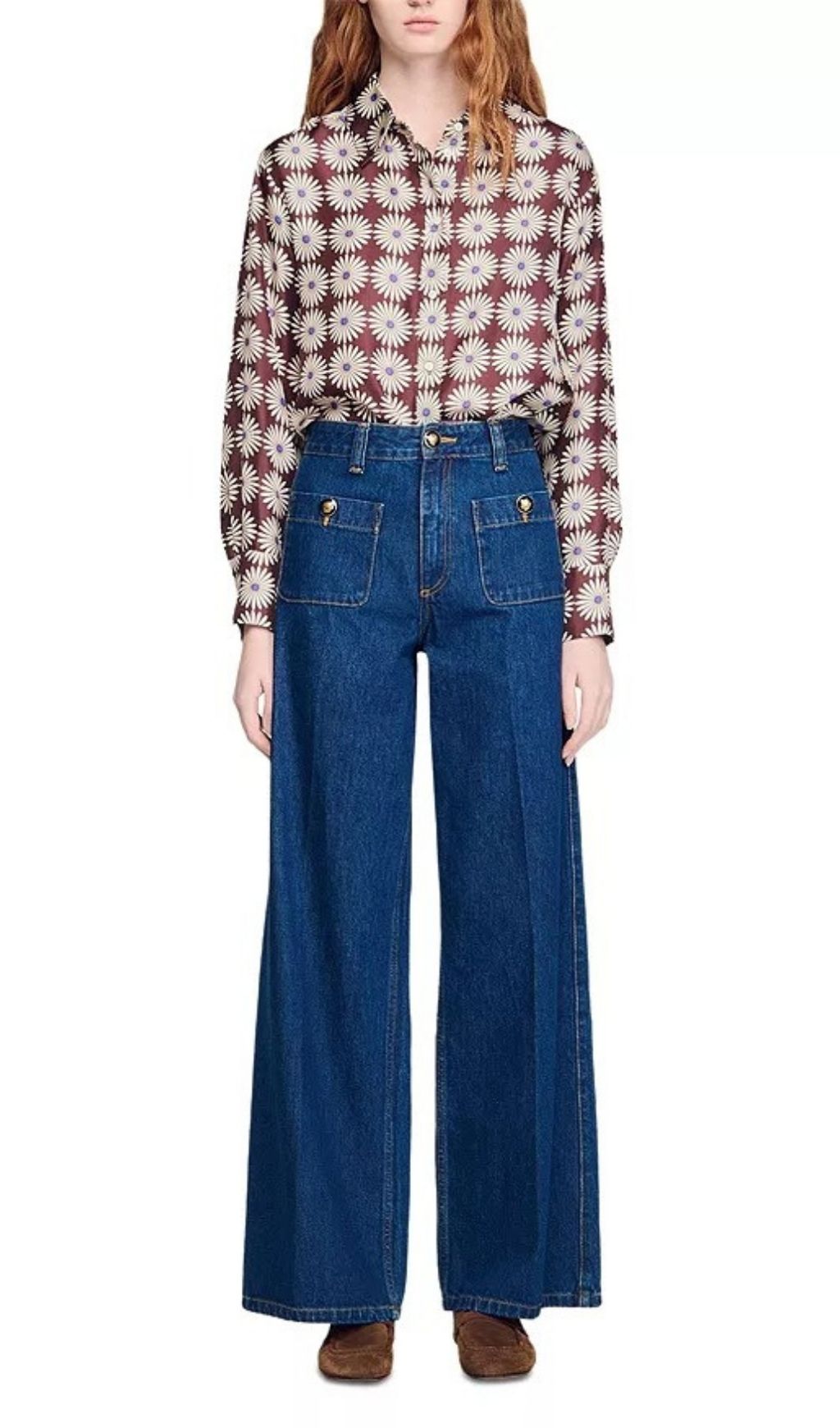 Women's Vintage-Inspired Dark Blue Straight Leg Patch Pocket Jeans