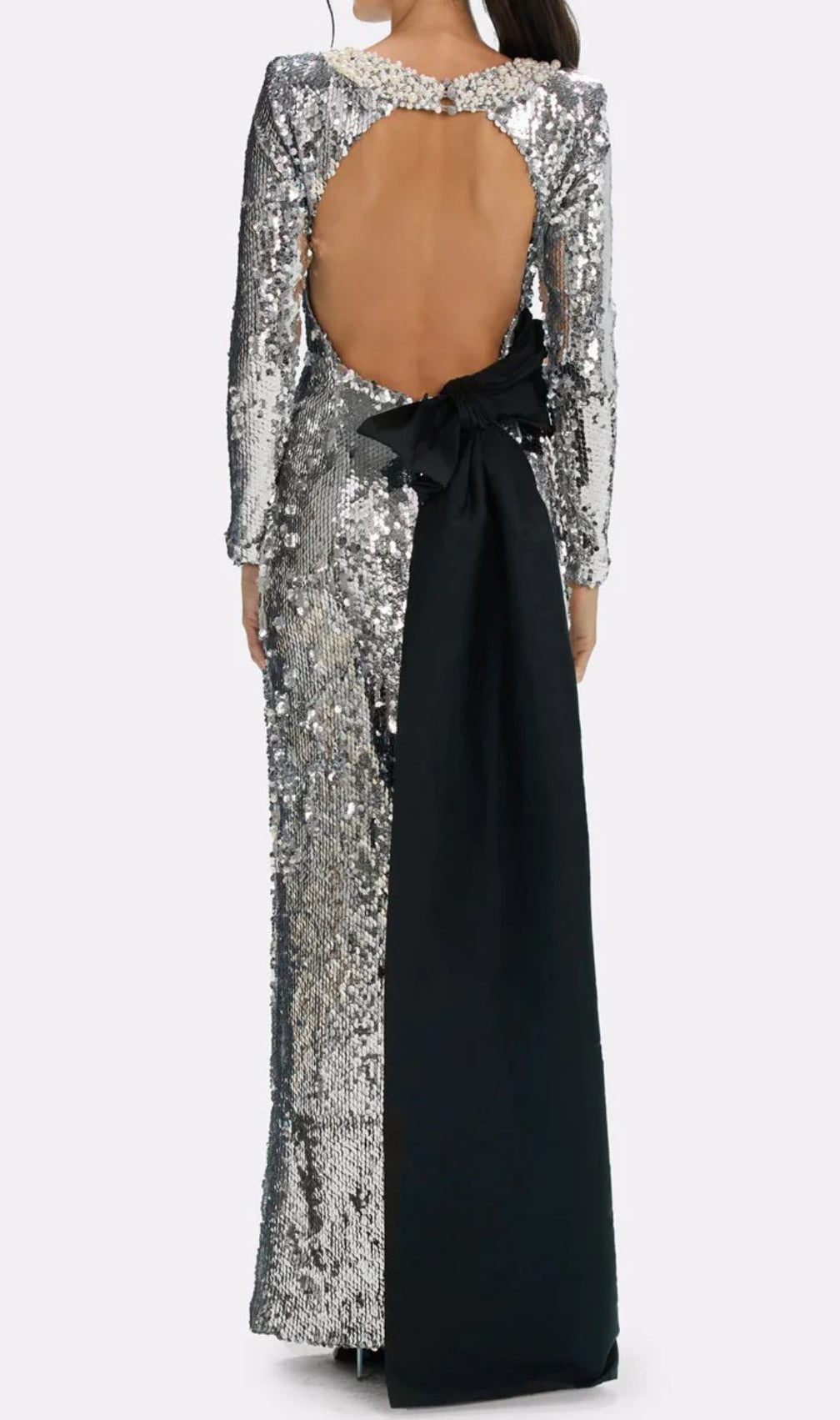 Jenesis Silver Sequin Bow Backless Maxi Dress