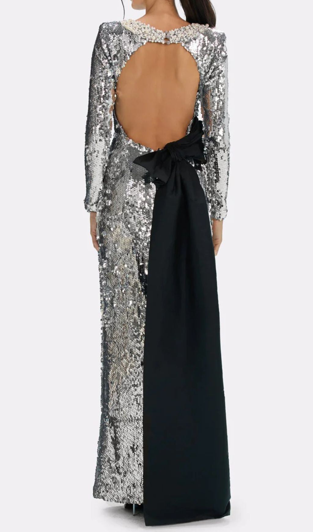 Jenesis Silver Sequin Bow Backless Maxi Dress