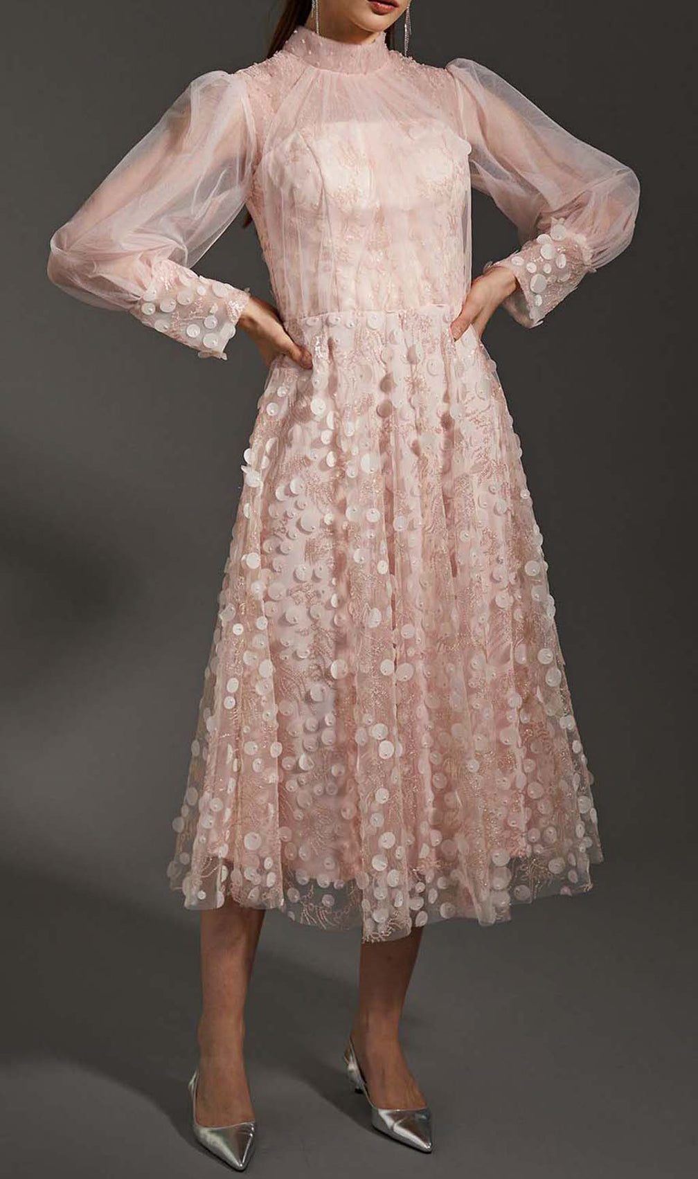 Sequin Mesh Tulle Midi Dress In Pink