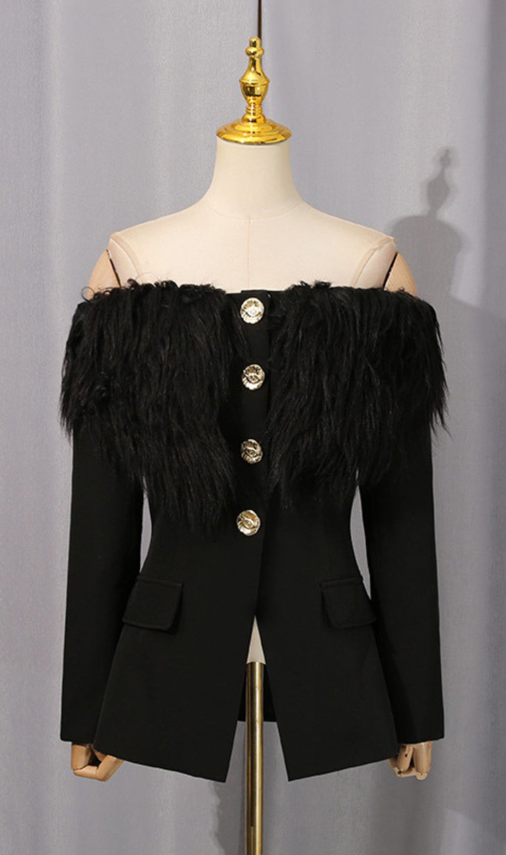 Hyunh Black Off-Shoulder Faux Fur Blazer | Golden Eye Buttons