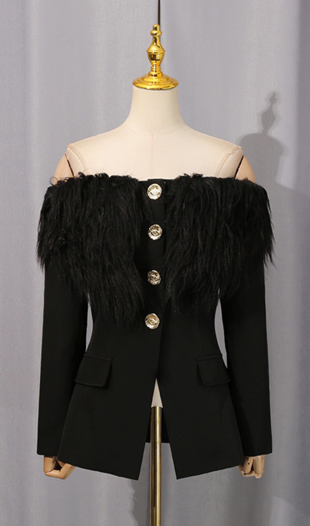 Hyunh Black Off-Shoulder Faux Fur Blazer | Golden Eye Buttons