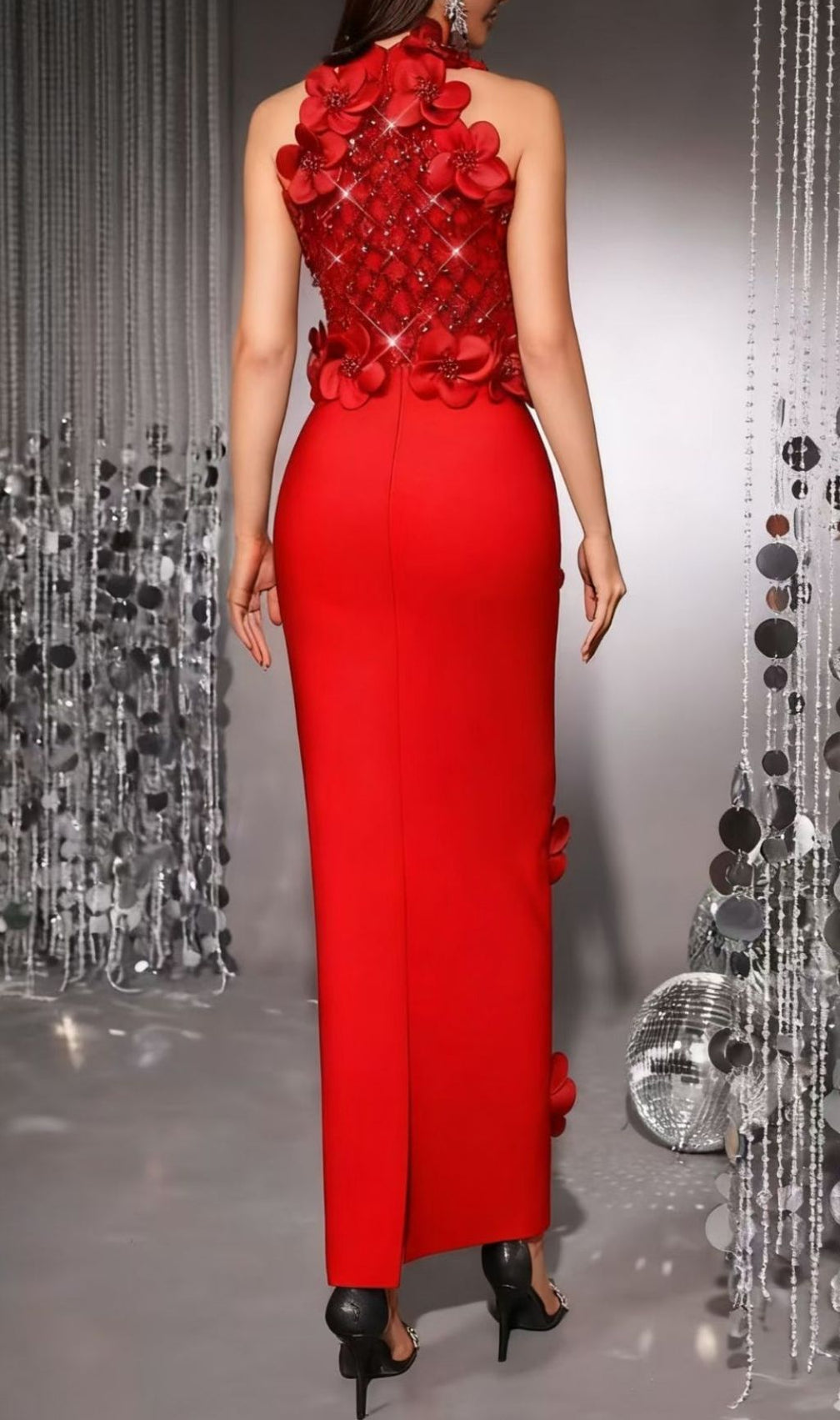 Kendi Red Halter Sequin & 3D Floral Bandage Maxi Dress - Gala & Event Gown