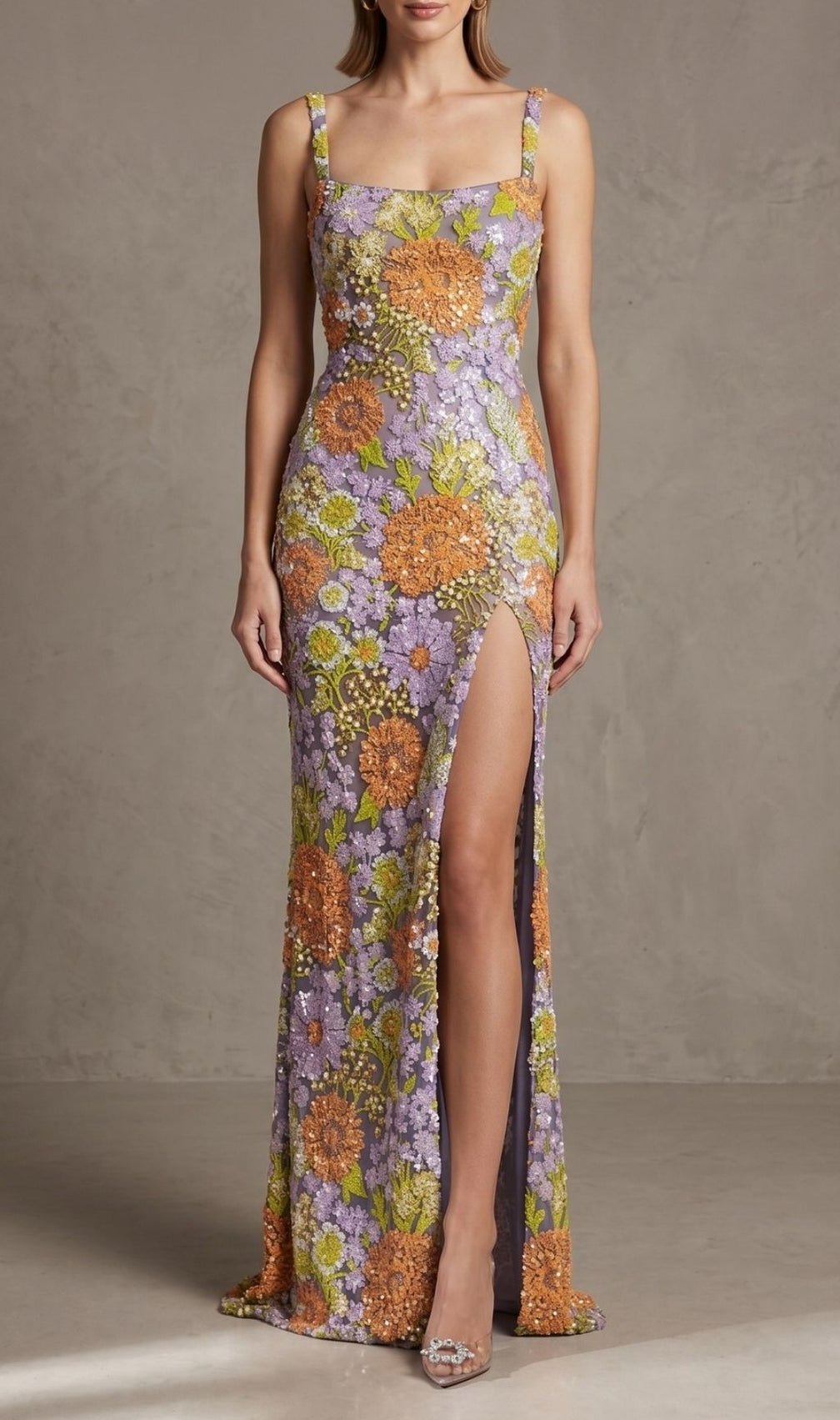 Kiko Dazzling Floral Sequin Maxi Dress with High Slit