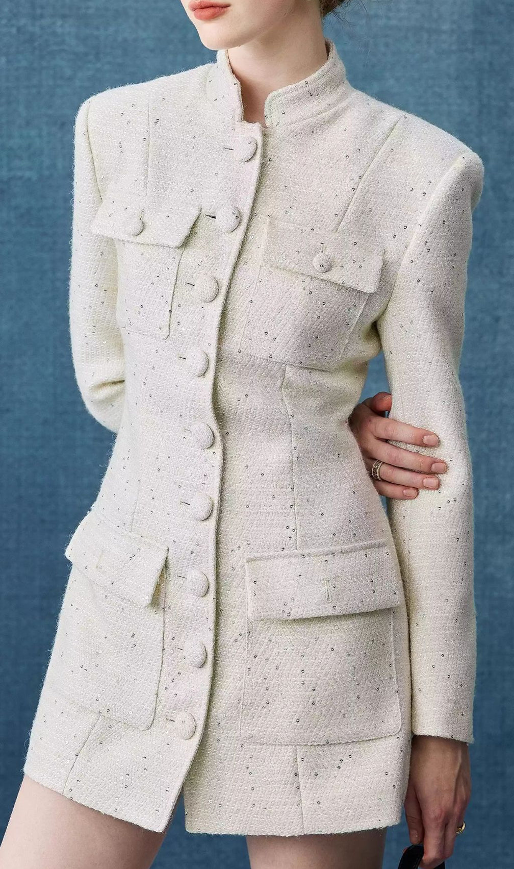 Elegant White Tweed Mini Dress | Long Sleeve Button-Front Style